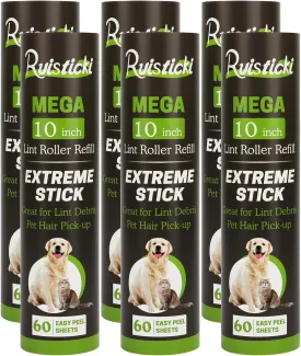 10 inch Mega All-Purpose Pet Hair Lint Roller Refills Compatible with Evercare Mega Roller 10'' Wide Ultra Sticky 60 Sheets Each Refill (Pack of 6, 360 Sheets Total)