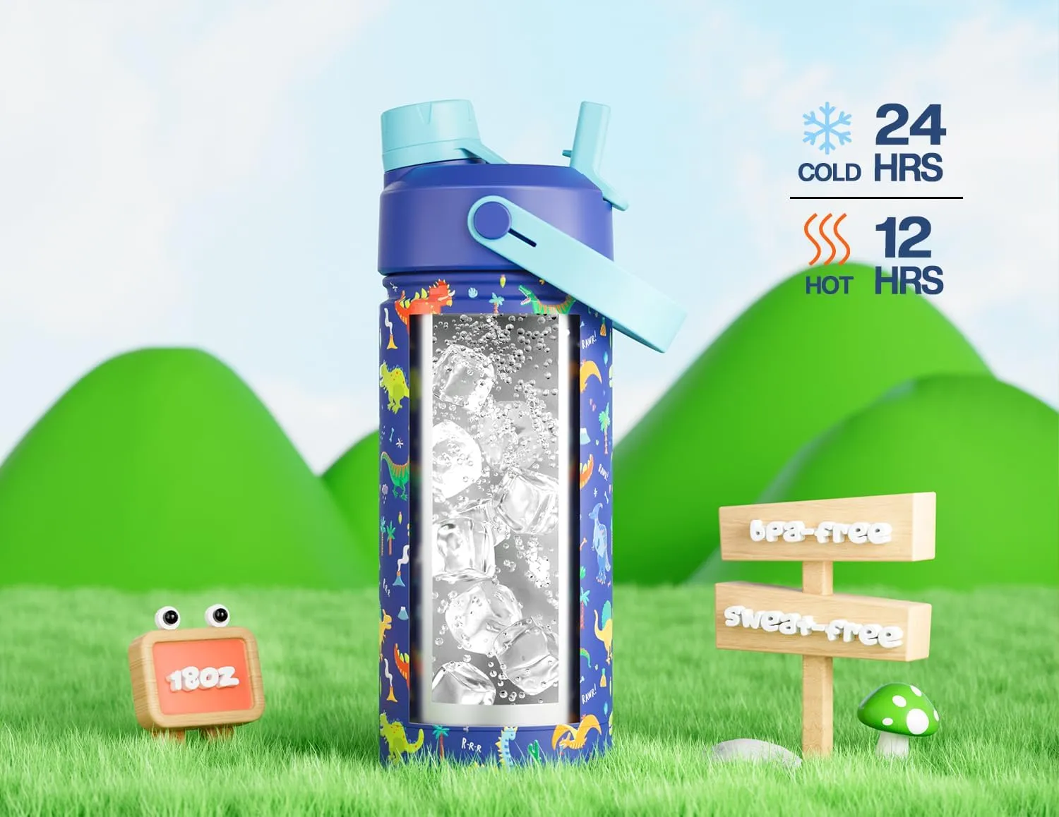 18 oz Kids Stainless Steel Water Bottle: Spill-Proof, Insulated Cup with Straw Spout Lid, BPA-Free, Car Cupholder Friendly, Durable, 24H Cold for Camping, Sports, Birthday Gift for Boys (Dinosaur-Era)