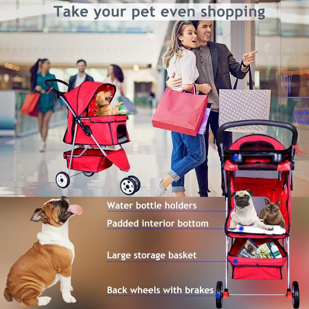 3 Wheels Pet Stroller Large/Small Dog Stroller Cat Stroller Pet Jogging Stroller Pet Jogger Stroller Dog/Cat Cage Travel Lite Foldable Carrier Strolling Cart