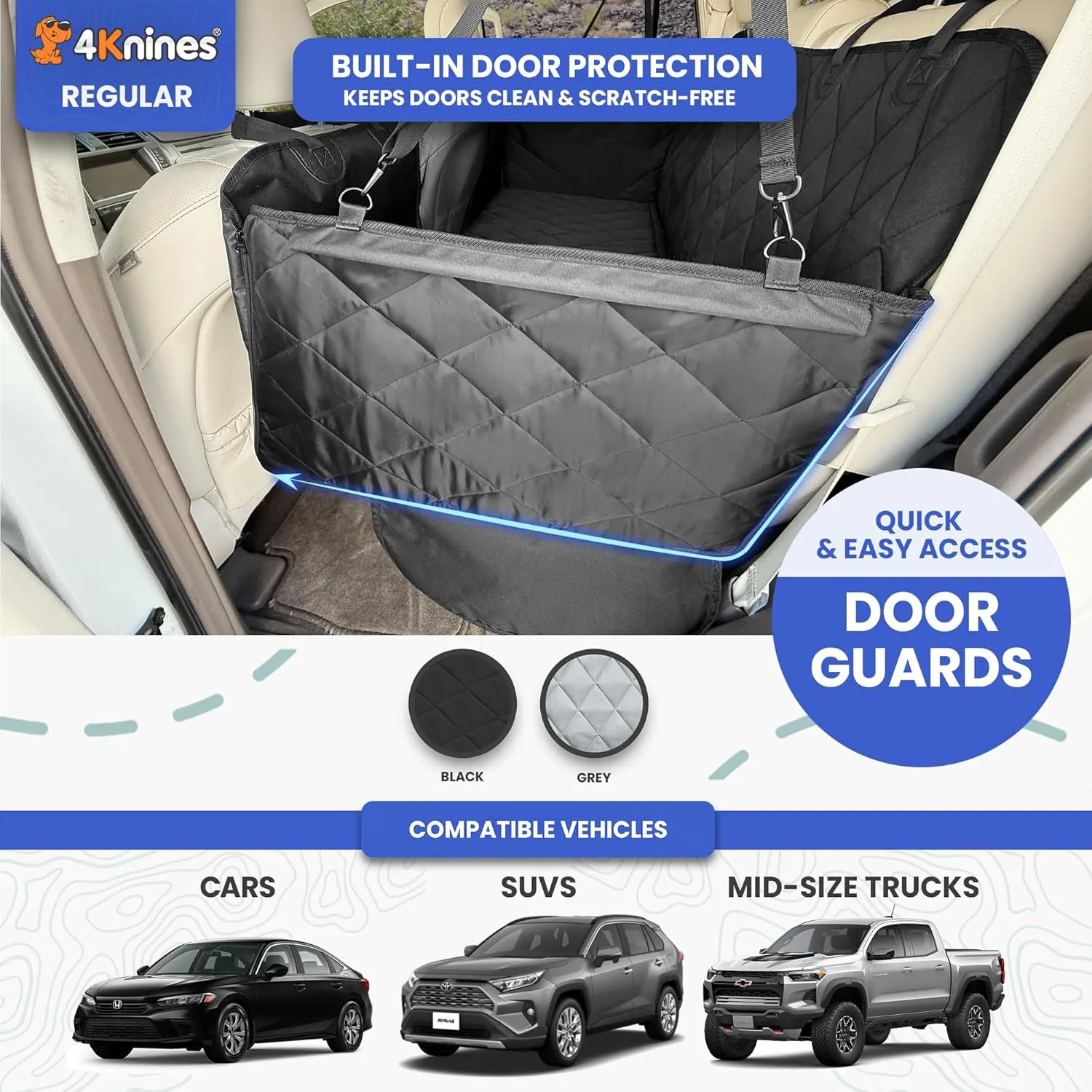 4Knines Hard Bottom Back Seat Extender for Dogs  Waterproof Dog Car Seat Cover  Heavy Duty Backseat Protector for Cars, SUVs, Trucks  Built-in EZ Open Door Protector (Patent Pending) Black, Regular