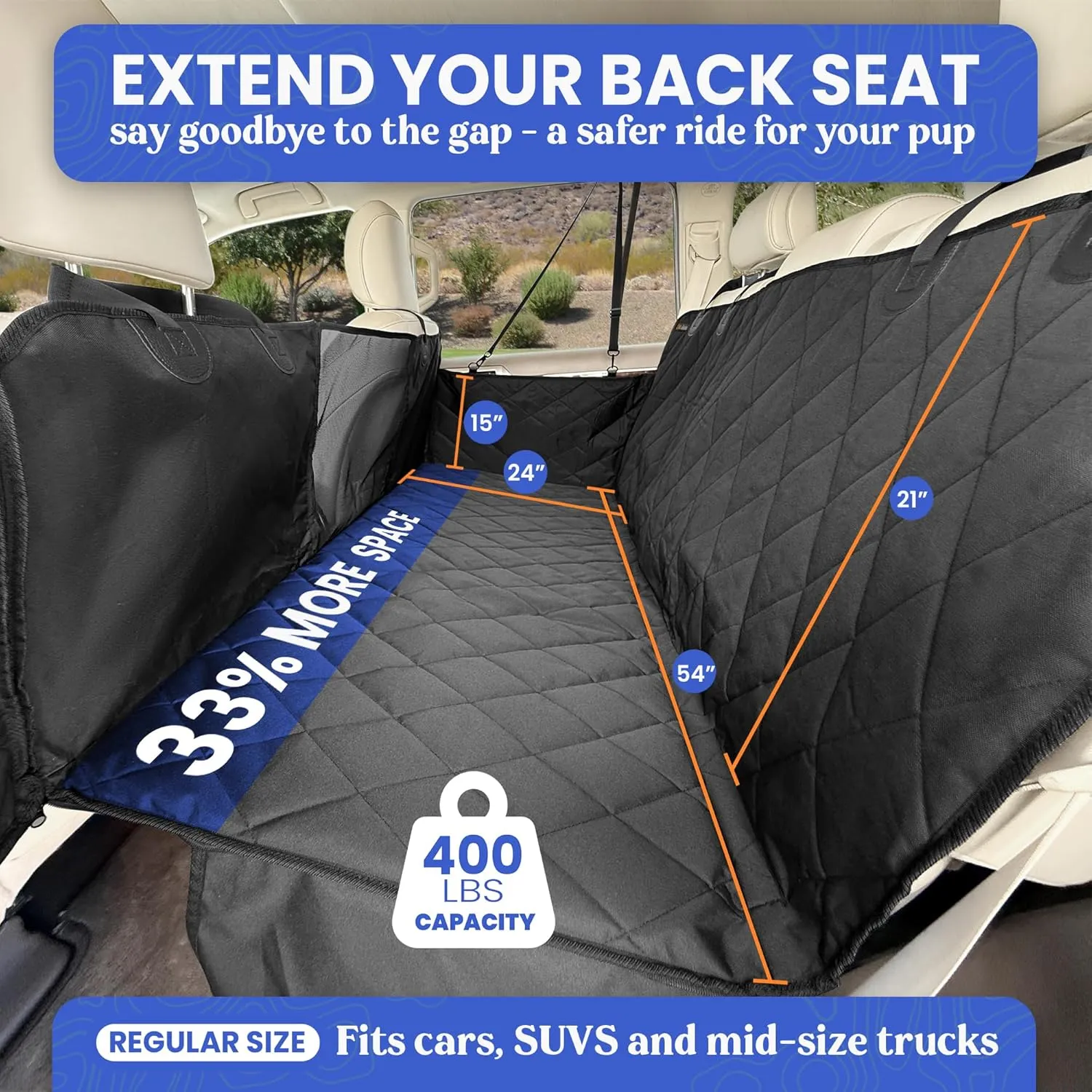 4Knines Hard Bottom Back Seat Extender for Dogs  Waterproof Dog Car Seat Cover  Heavy Duty Backseat Protector for Cars, SUVs, Trucks  Built-in EZ Open Door Protector (Patent Pending) Black, Regular