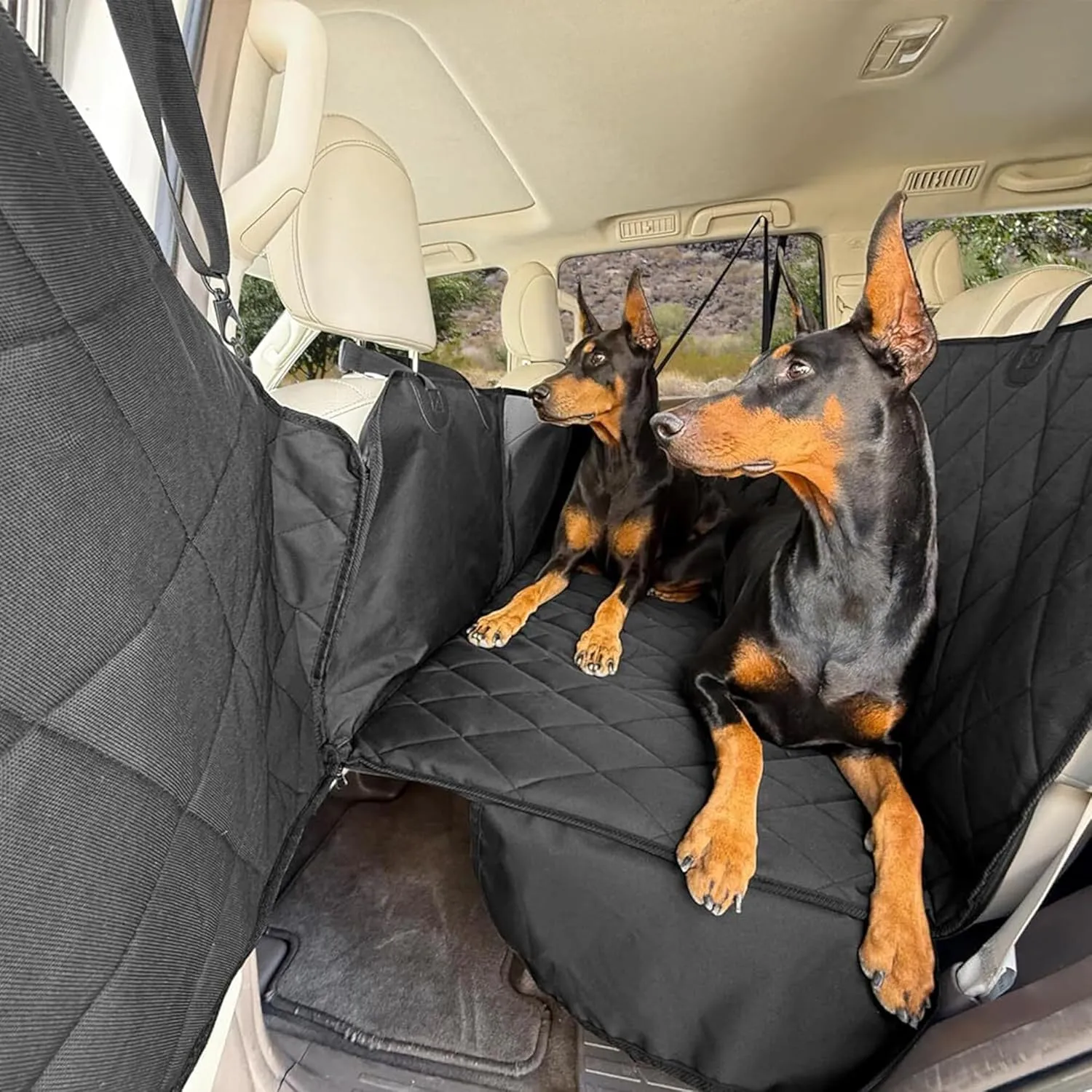4Knines Hard Bottom Back Seat Extender for Dogs  Waterproof Dog Car Seat Cover  Heavy Duty Backseat Protector for Cars, SUVs, Trucks  Built-in EZ Open Door Protector (Patent Pending) Black, Regular