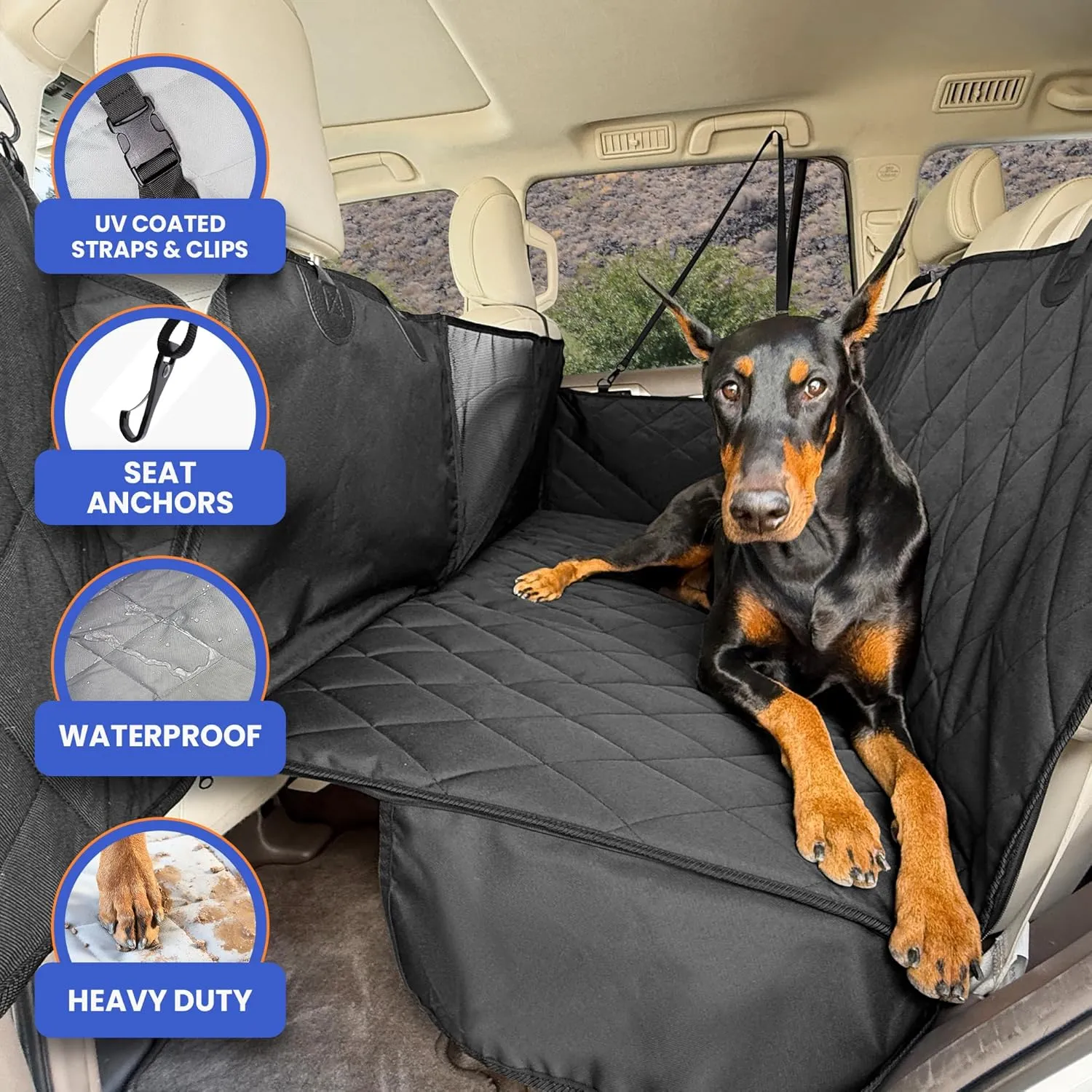 4Knines Hard Bottom Back Seat Extender for Dogs  Waterproof Dog Car Seat Cover  Heavy Duty Backseat Protector for Cars, SUVs, Trucks  Built-in EZ Open Door Protector (Patent Pending) Black, Regular