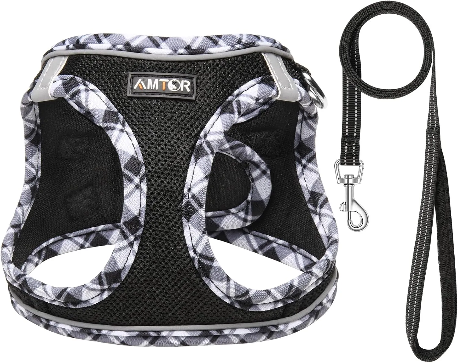 AMTOR Small Dog Harness with Leash Set, No Escape Easy Walk Puppy Harnesses for Training Walking, Step-in Reflective Soft Dogs Vest for XS S Medium Extra-Small Large Sized Dog(S,Black/White checkered)
