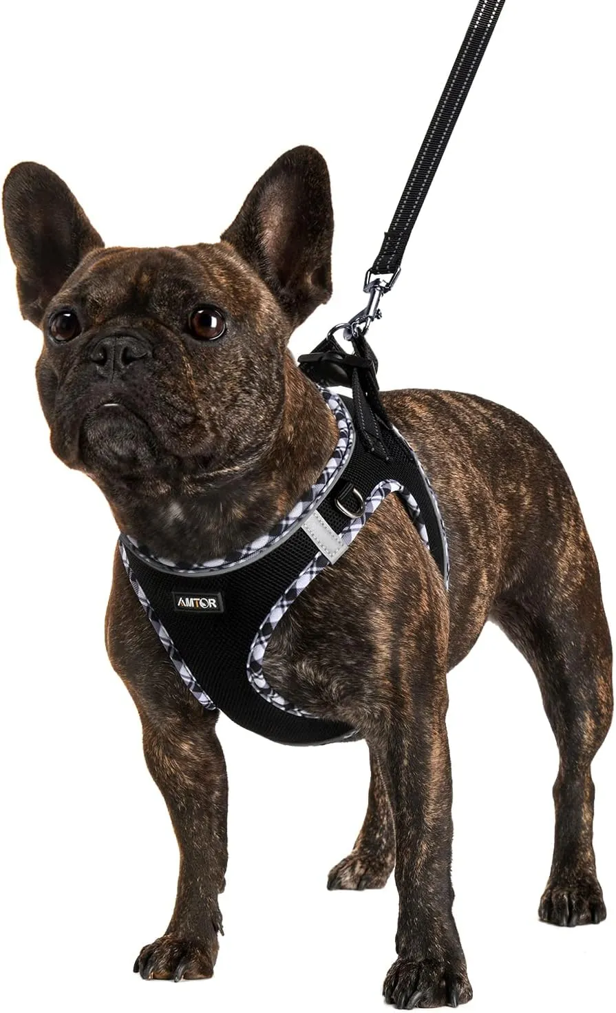 AMTOR Small Dog Harness with Leash Set, No Escape Easy Walk Puppy Harnesses for Training Walking, Step-in Reflective Soft Dogs Vest for XS S Medium Extra-Small Large Sized Dog(S,Black/White checkered)