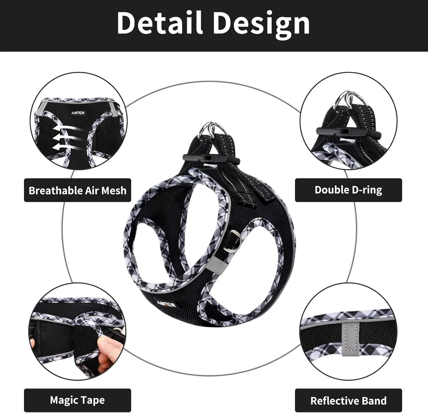 AMTOR Small Dog Harness with Leash Set, No Escape Easy Walk Puppy Harnesses for Training Walking, Step-in Reflective Soft Dogs Vest for XS S Medium Extra-Small Large Sized Dog(S,Black/White checkered)