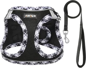 AMTOR Small Dog Harness with Leash Set, No Escape Easy Walk Puppy Harnesses for Training Walking, Step-in Reflective Soft Dogs Vest for XS S Medium Extra-Small Large Sized Dog(S,Black/White checkered)