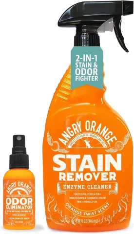 ANGRY ORANGE Stain Remover and Odor Eliminator  32 oz Enzyme Cleaner   2 oz Travel Size Citrus Spray for Dog and Cat Urine, Odors, and Stains