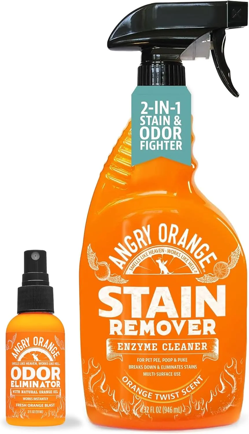 ANGRY ORANGE Stain Remover and Odor Eliminator  32 oz Enzyme Cleaner   2 oz Travel Size Citrus Spray for Dog and Cat Urine, Odors, and Stains