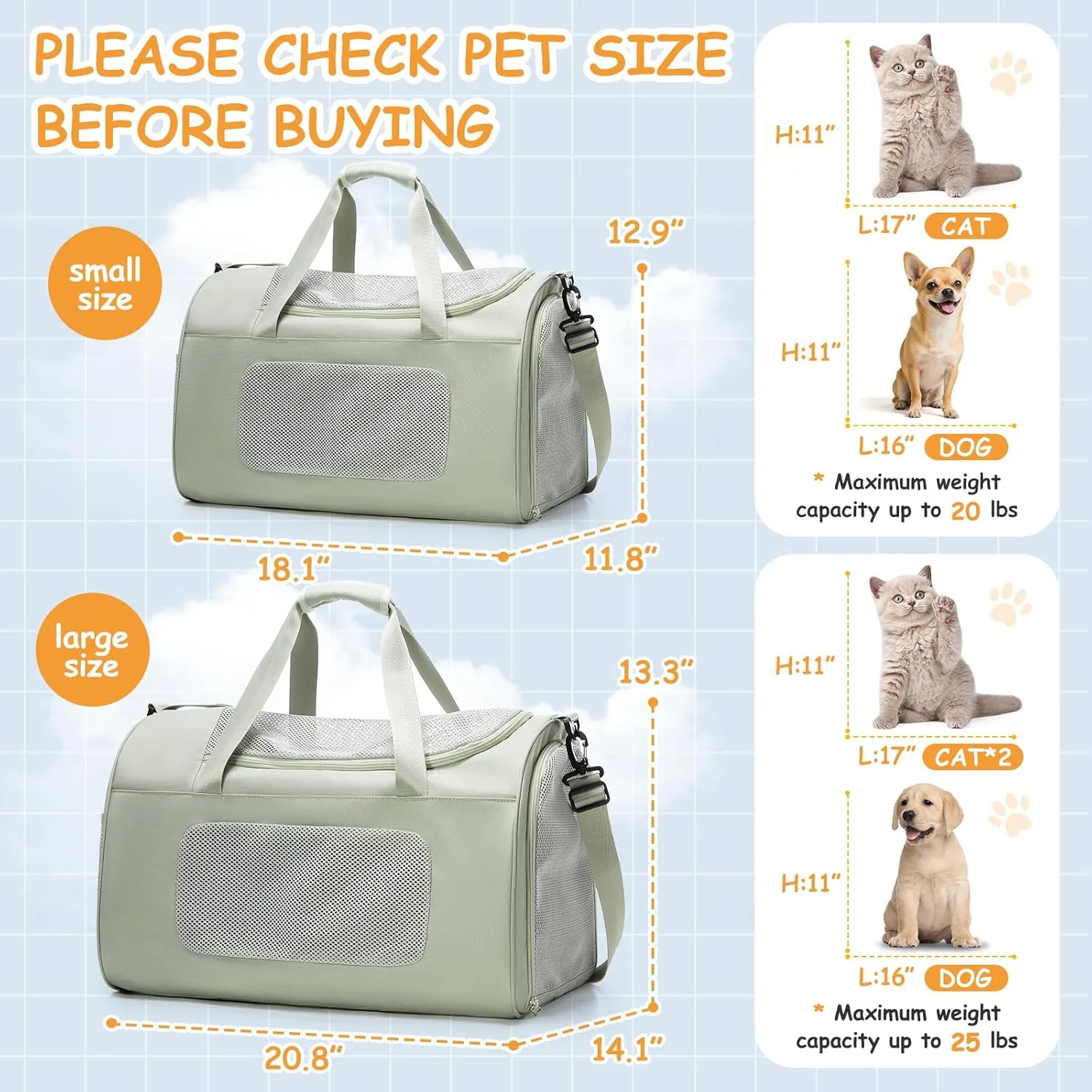 Cat Carrier Soft,Dog Carrier Airline Approved with Soft Sided,Dog Carriers for Small Dogs,Pet Carrier Holds up to 20lbs,Green