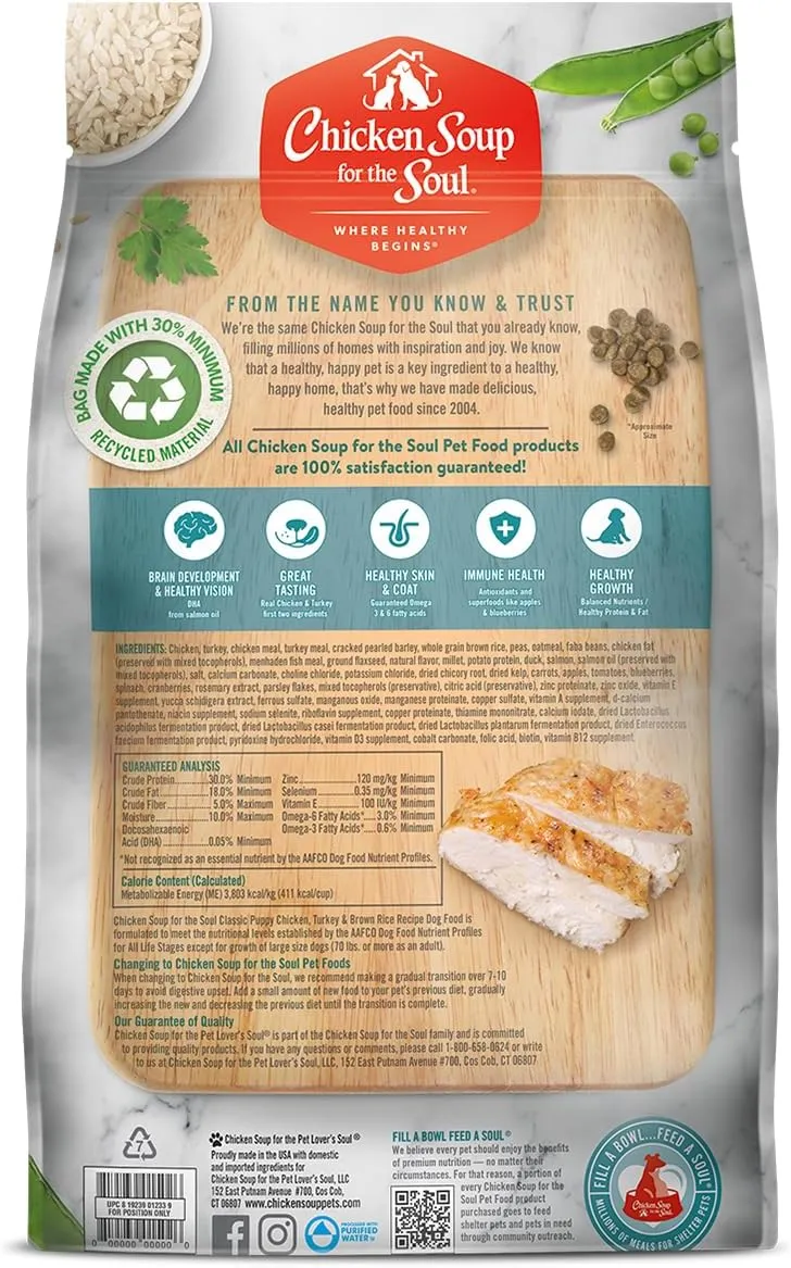 Chicken Soup for the Soul All Natural Premium Dry Puppy Food, Real Meat First Ingredient, No By-Products, Supports Brain Development & Strong Bones & Teeth, Chicken, Turkey & Brown Rice, 4.5lb