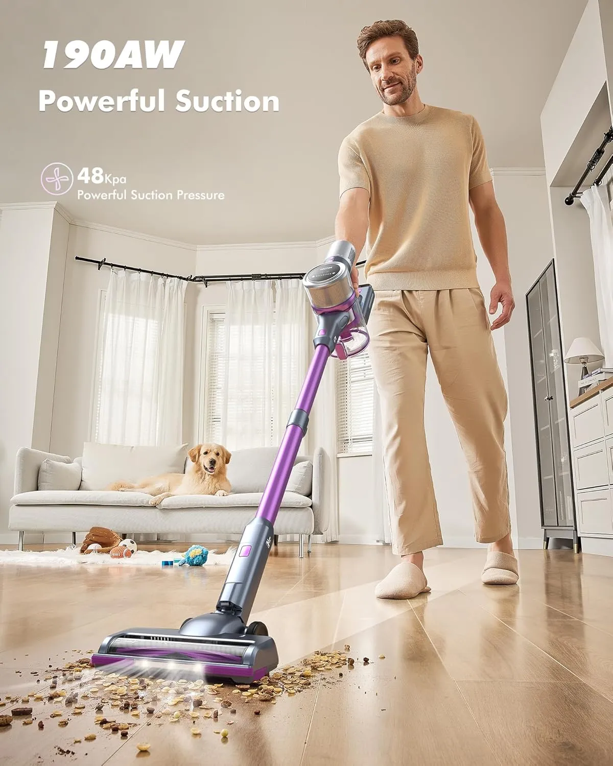 Cordless Vacuum Cleaner, 45Kpa Powerful Suction, 60 Mins Max Runtime, 4000mAh Large Batteries, Anti Hair Wrap Stick Vacuum, Vacuum Cleaners for Home, Pet Hair, Hard Floors and Carpets, Cars