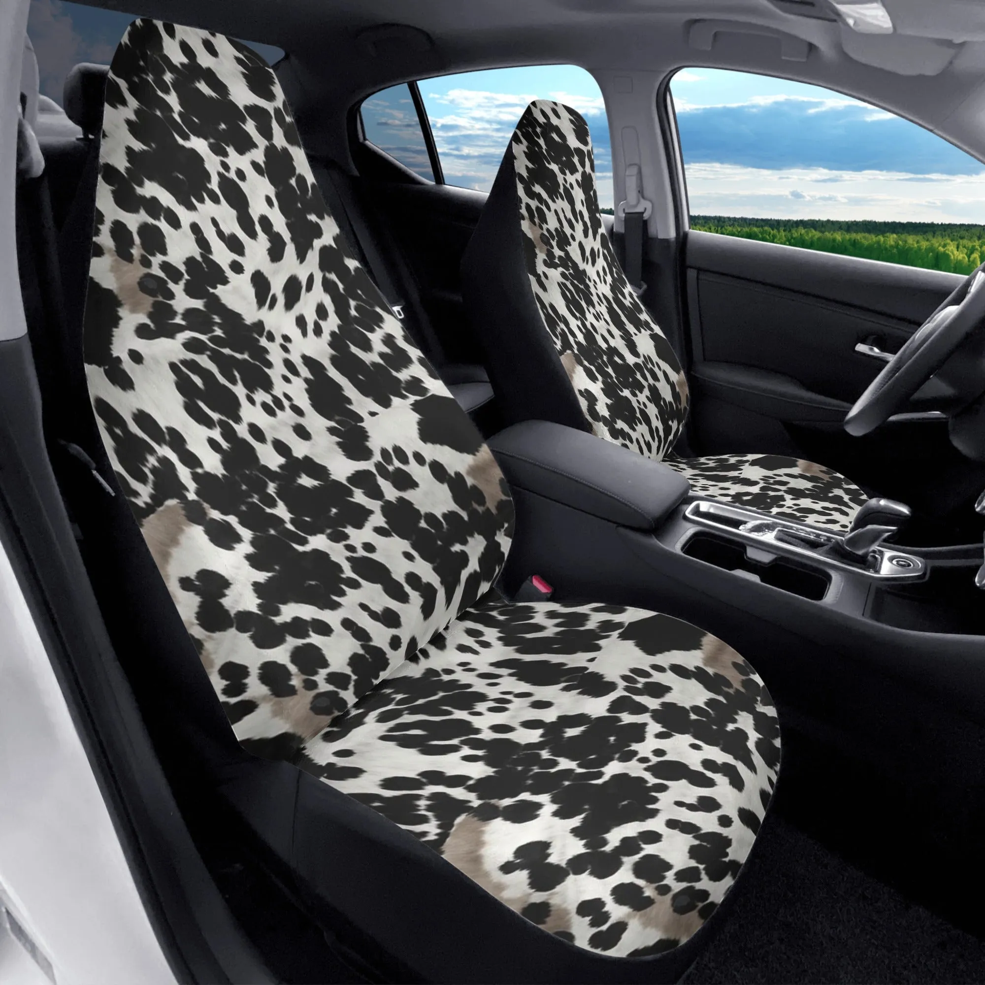Cow Print Car Seat Covers (2 pcs), Black White Brown Pattern Auto Front Seat Dog Pet Vehicle SUV Universal Protector Accessory Men Women