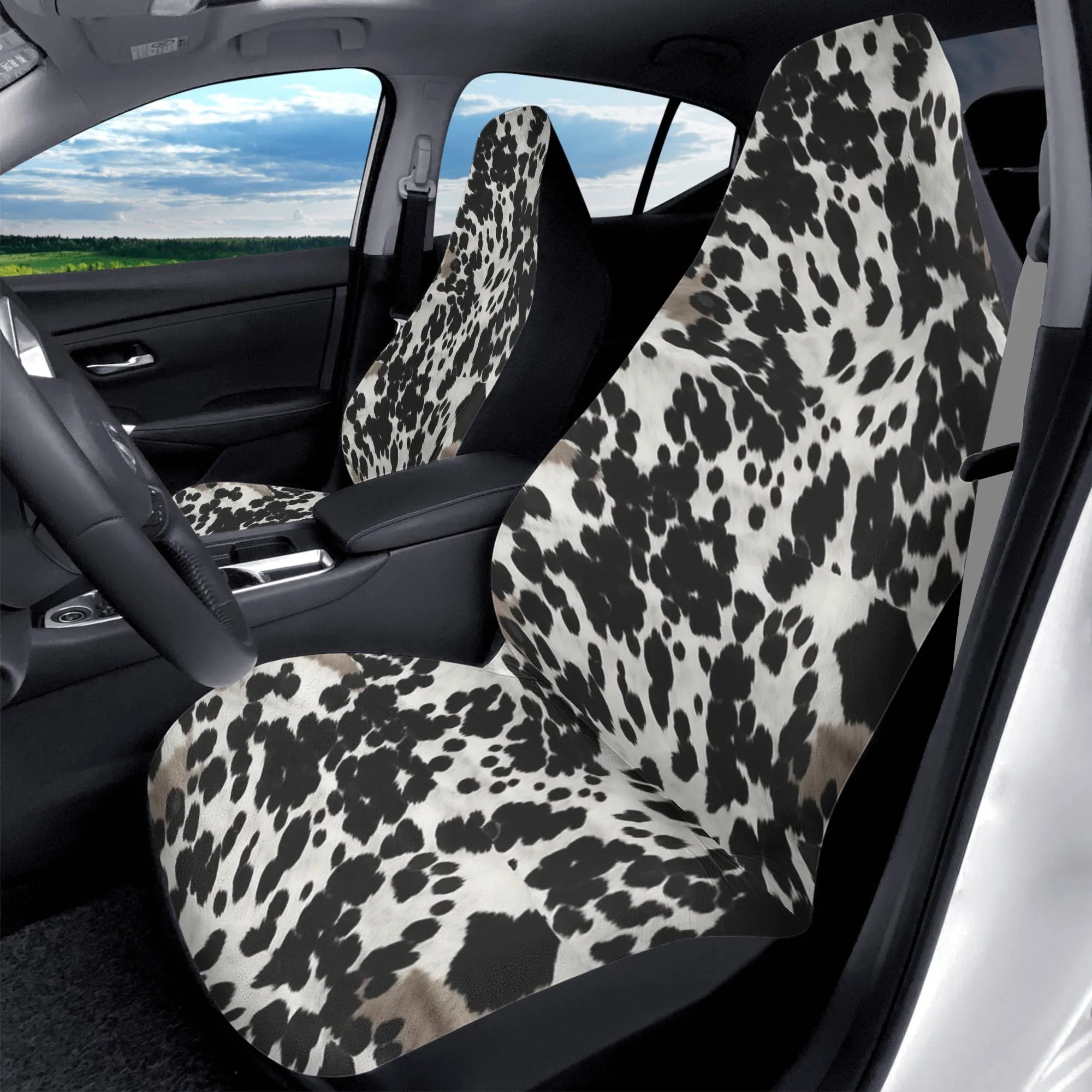 Cow Print Car Seat Covers (2 pcs), Black White Brown Pattern Auto Front Seat Dog Pet Vehicle SUV Universal Protector Accessory Men Women