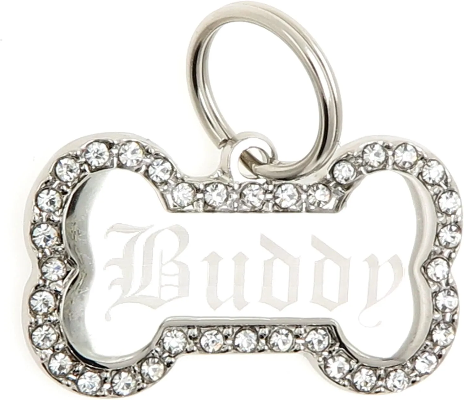 Custom Engraved Personalized Stainless Steel Bone Shape w/Clear Rhinestones Dog Pet ID Jewelry Bling Tag