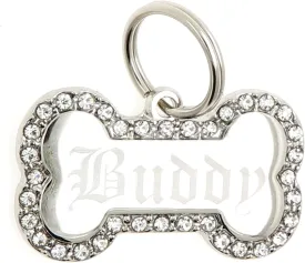 Custom Engraved Personalized Stainless Steel Bone Shape w/Clear Rhinestones Dog Pet ID Jewelry Bling Tag