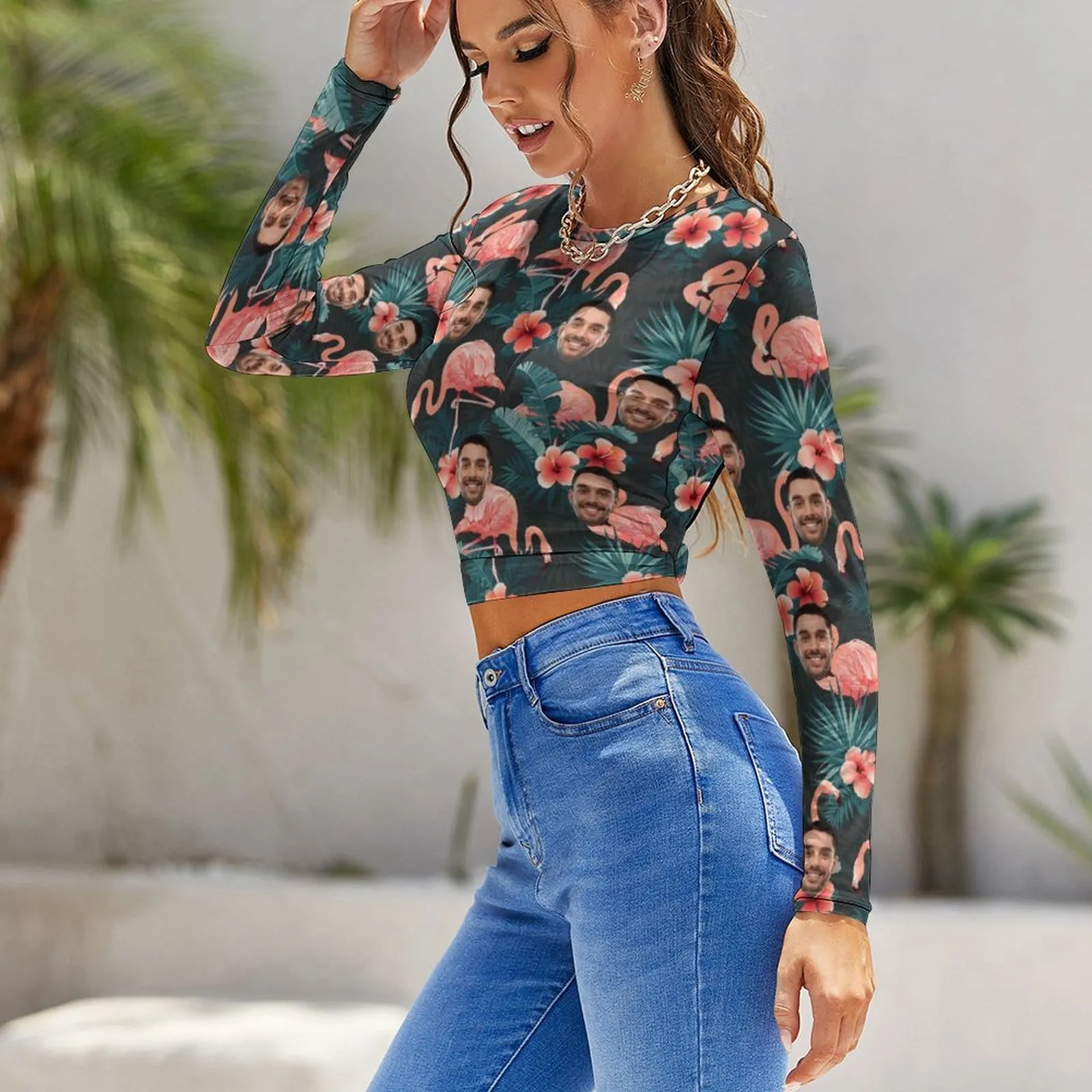 Custom Face Flamingo Shirt Women's Backless T-shirt Graphic Design Tee Print Shirt with Picture