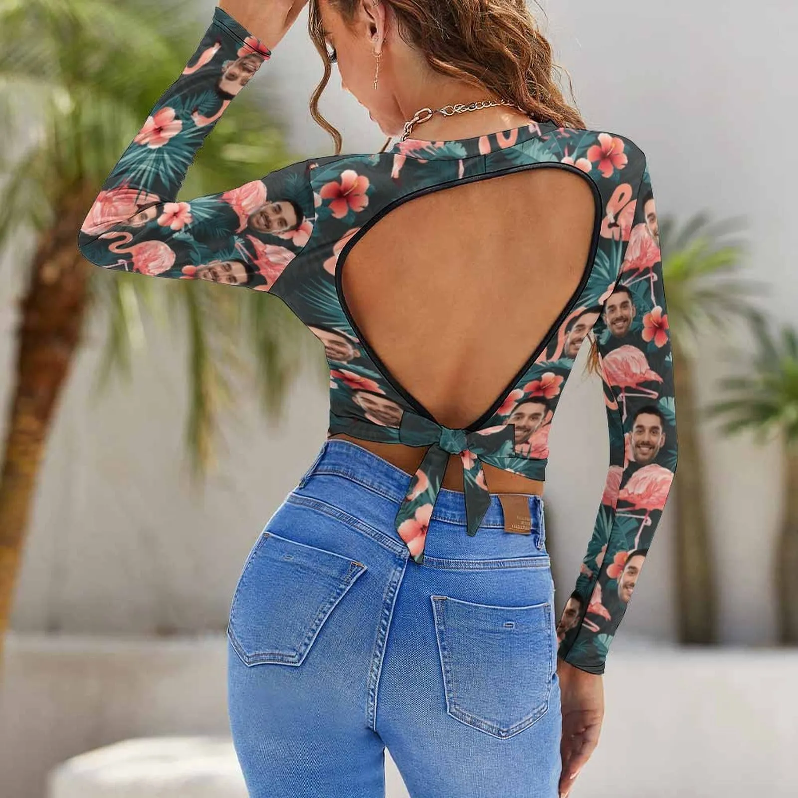 Custom Face Flamingo Shirt Women's Backless T-shirt Graphic Design Tee Print Shirt with Picture