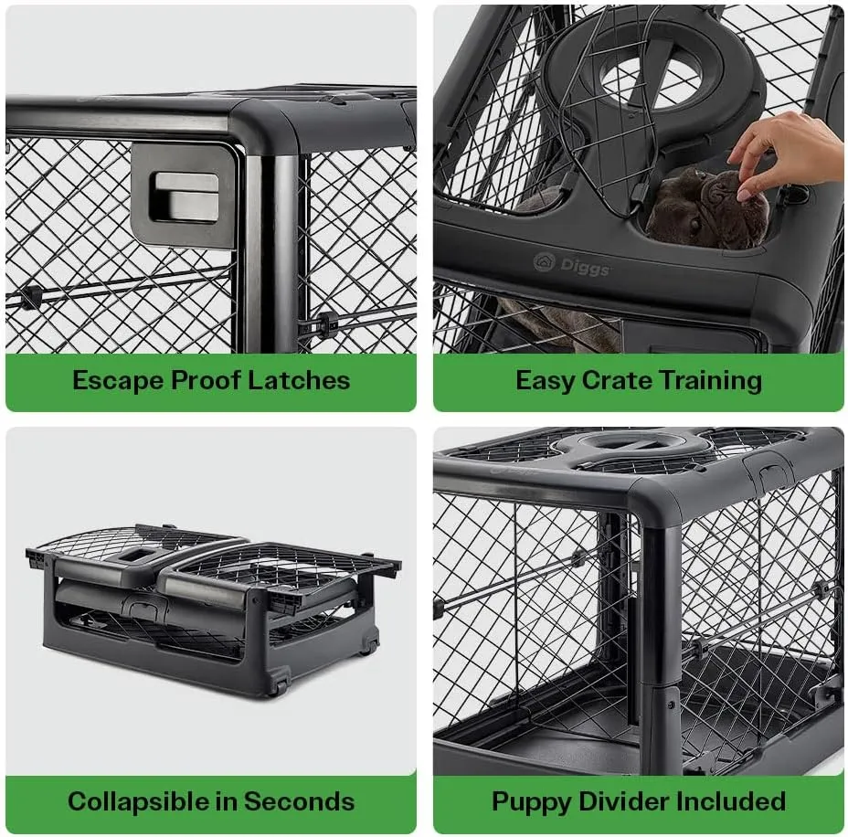Diggs Revol Dog Crate, Charcoal, Collapsible, Portable, Easy To Clean, Durable, Secure, Puppy Divider