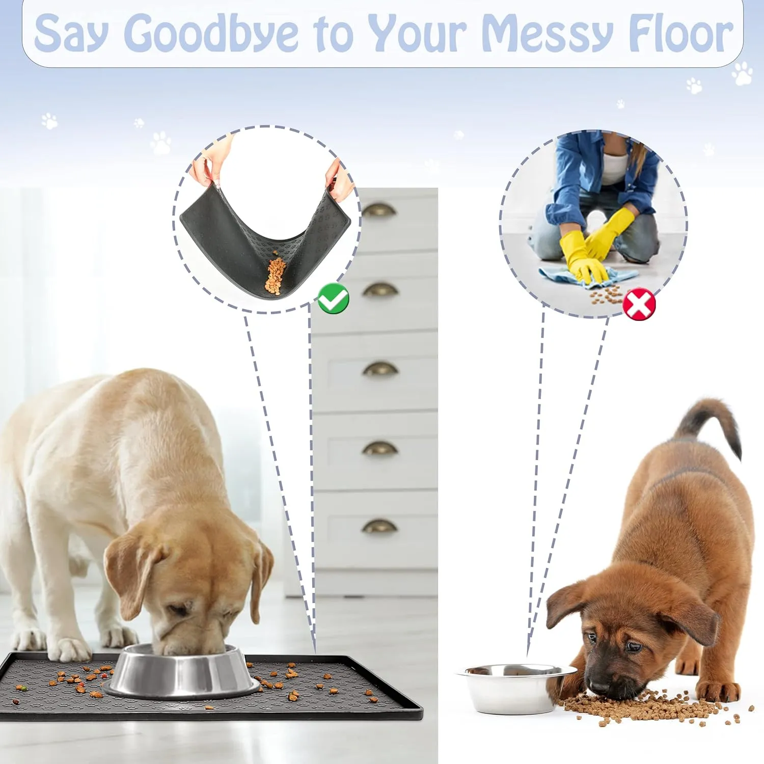 Dog Cat Pet Food Mat for Floor Dog Feeding Bowl Mat for Food and Water Raised Edges Dog Cat Mat for Food and Water Prevent Spill on Floor Waterproof Slip Rubber Mat for Dog Bowls