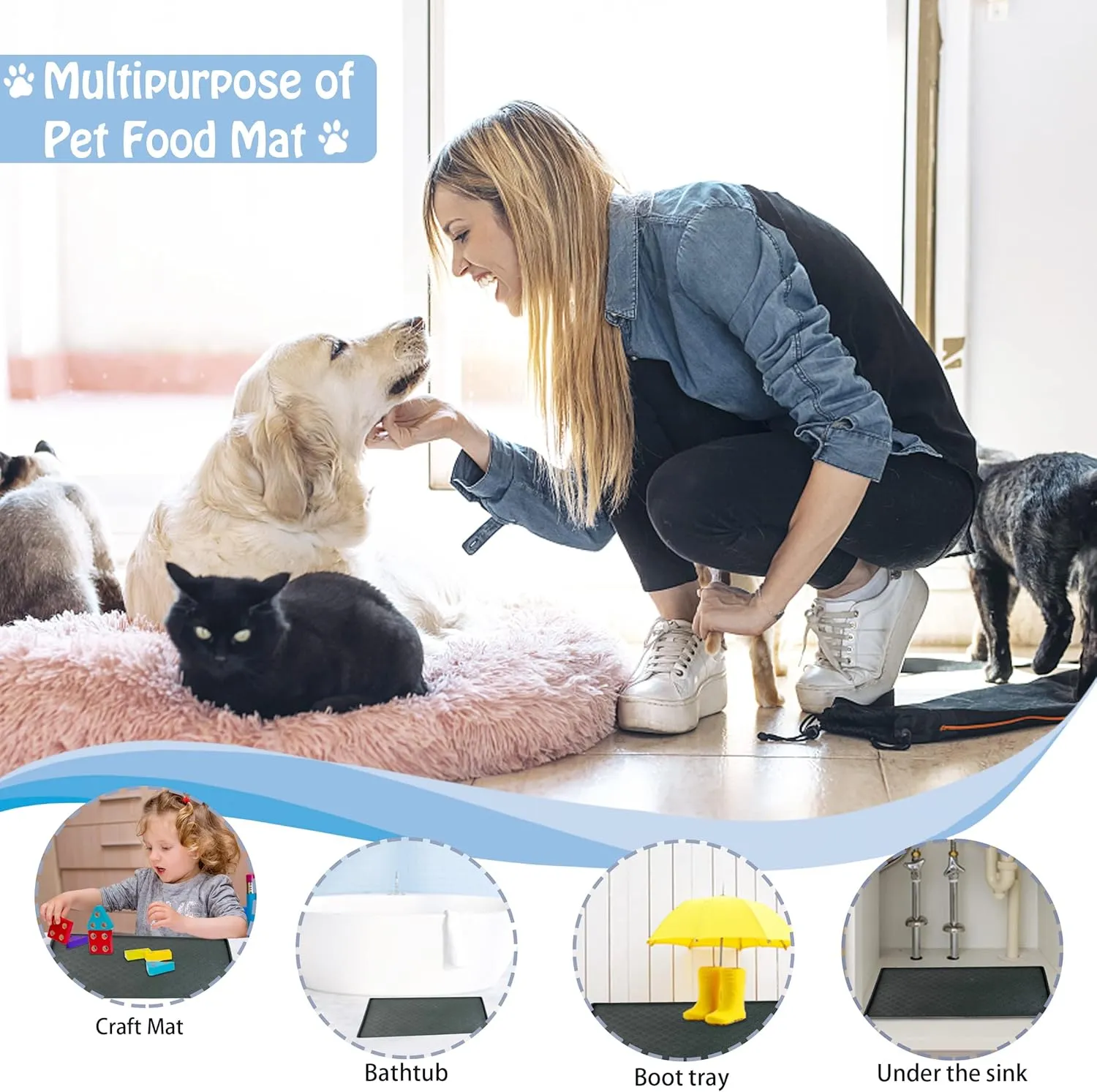 Dog Cat Pet Food Mat for Floor Dog Feeding Bowl Mat for Food and Water Raised Edges Dog Cat Mat for Food and Water Prevent Spill on Floor Waterproof Slip Rubber Mat for Dog Bowls