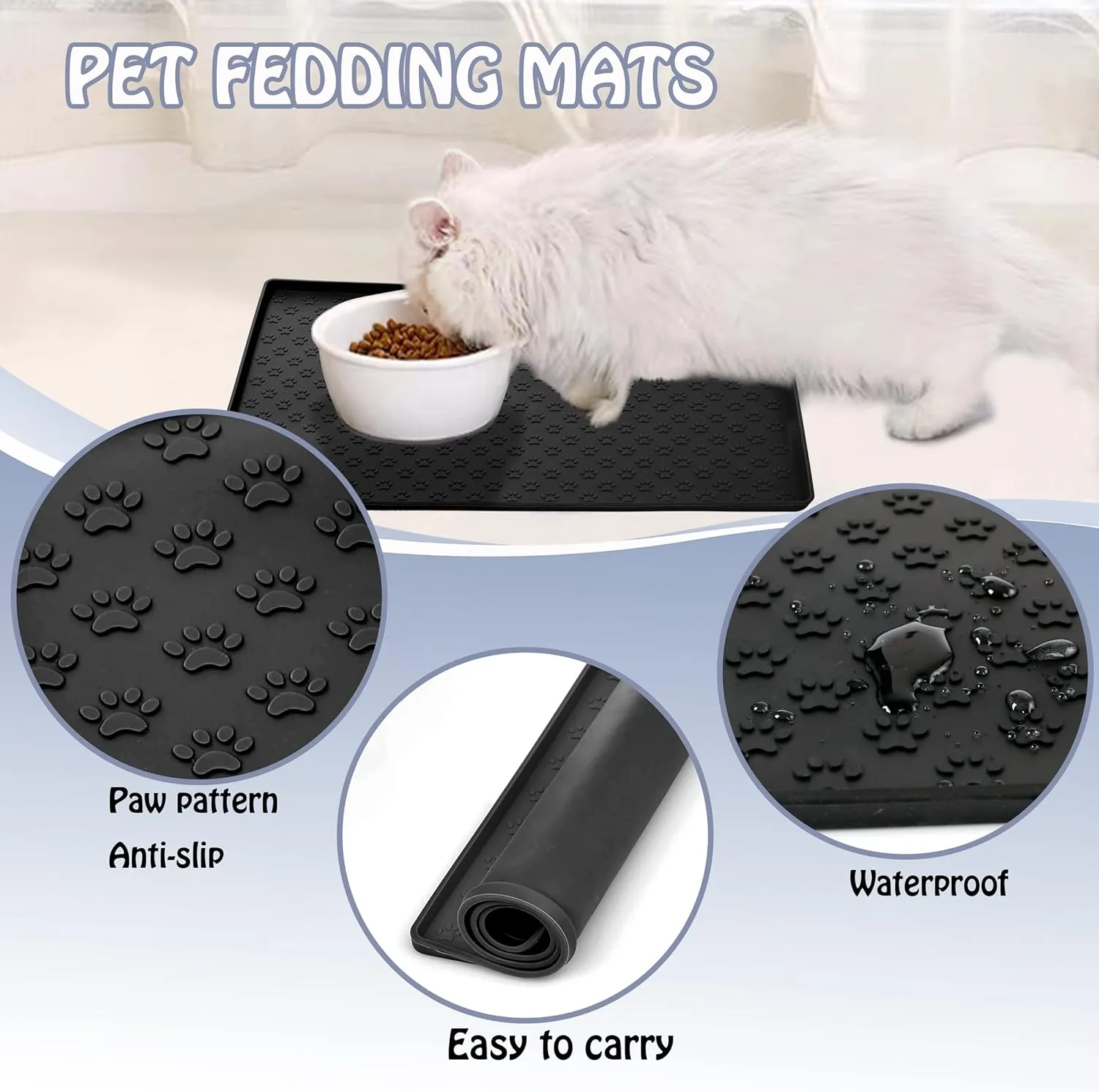 Dog Cat Pet Food Mat for Floor Dog Feeding Bowl Mat for Food and Water Raised Edges Dog Cat Mat for Food and Water Prevent Spill on Floor Waterproof Slip Rubber Mat for Dog Bowls