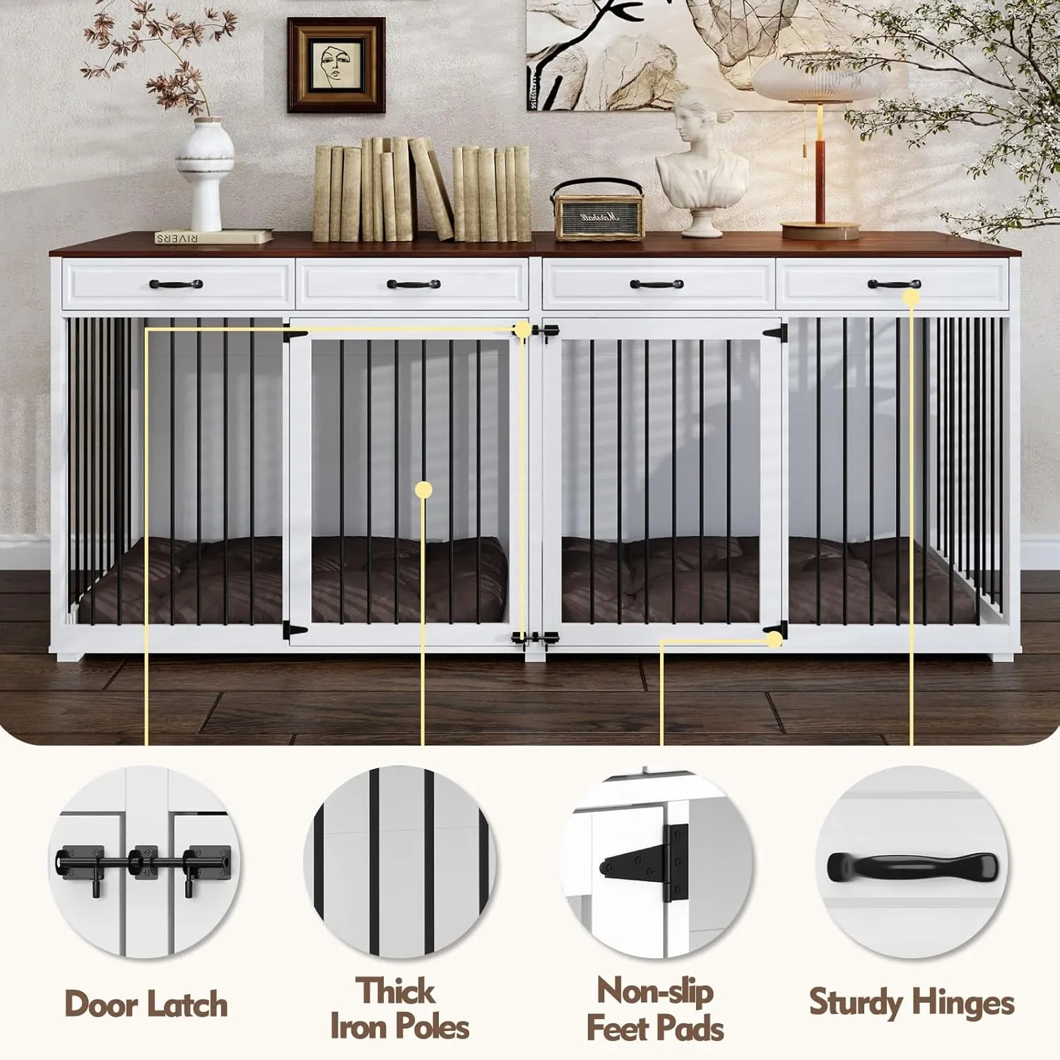 Extra Large Dog Crate with Double Rooms, 93" Heavy Duty Wooden Dog Cage Furniture Dog Crate Kennel w/Drawers & Removable Divider,Indoor Luxury Dog House for Large Dogs,White