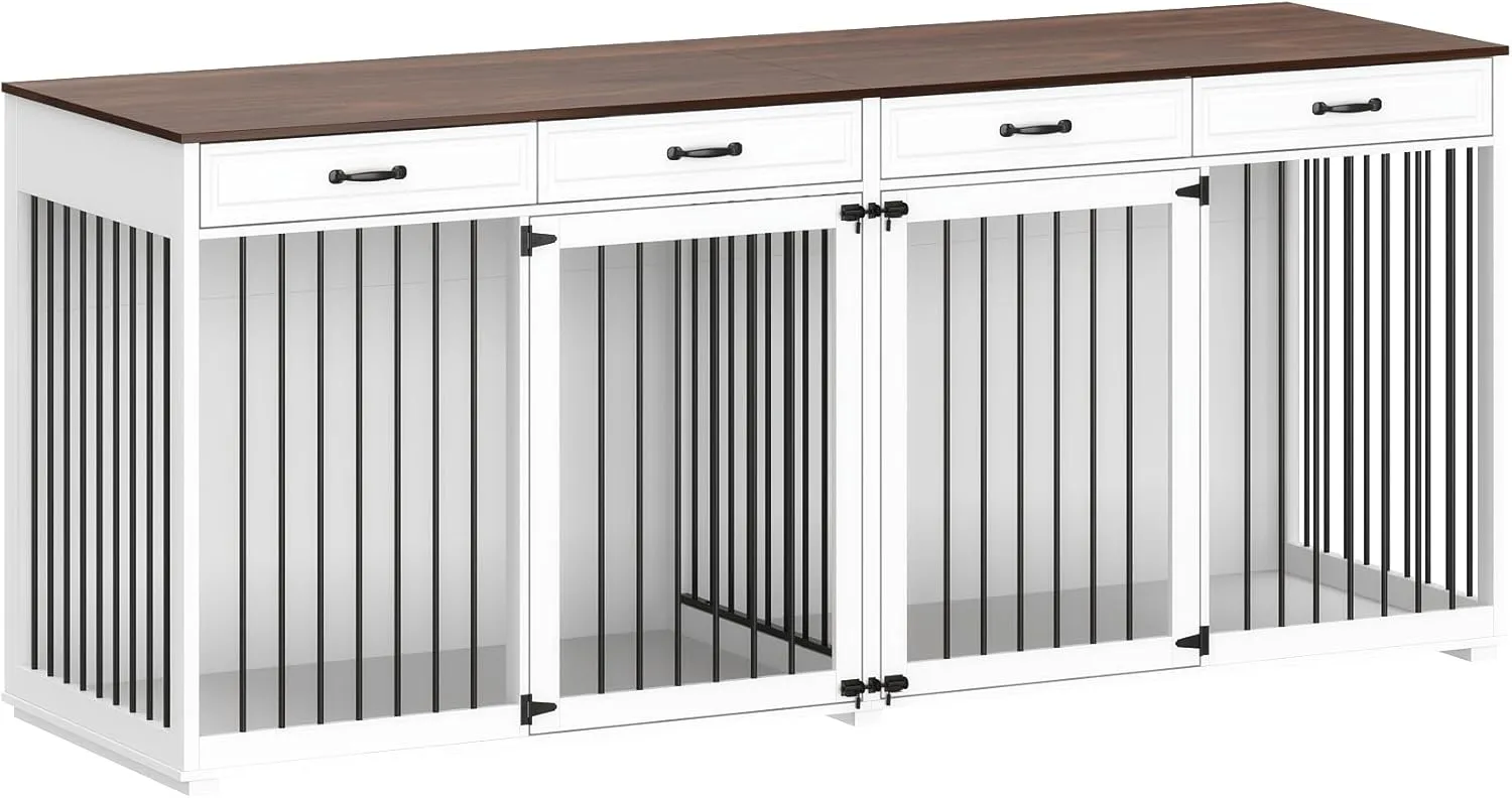 Extra Large Dog Crate with Double Rooms, 93" Heavy Duty Wooden Dog Cage Furniture Dog Crate Kennel w/Drawers & Removable Divider,Indoor Luxury Dog House for Large Dogs,White