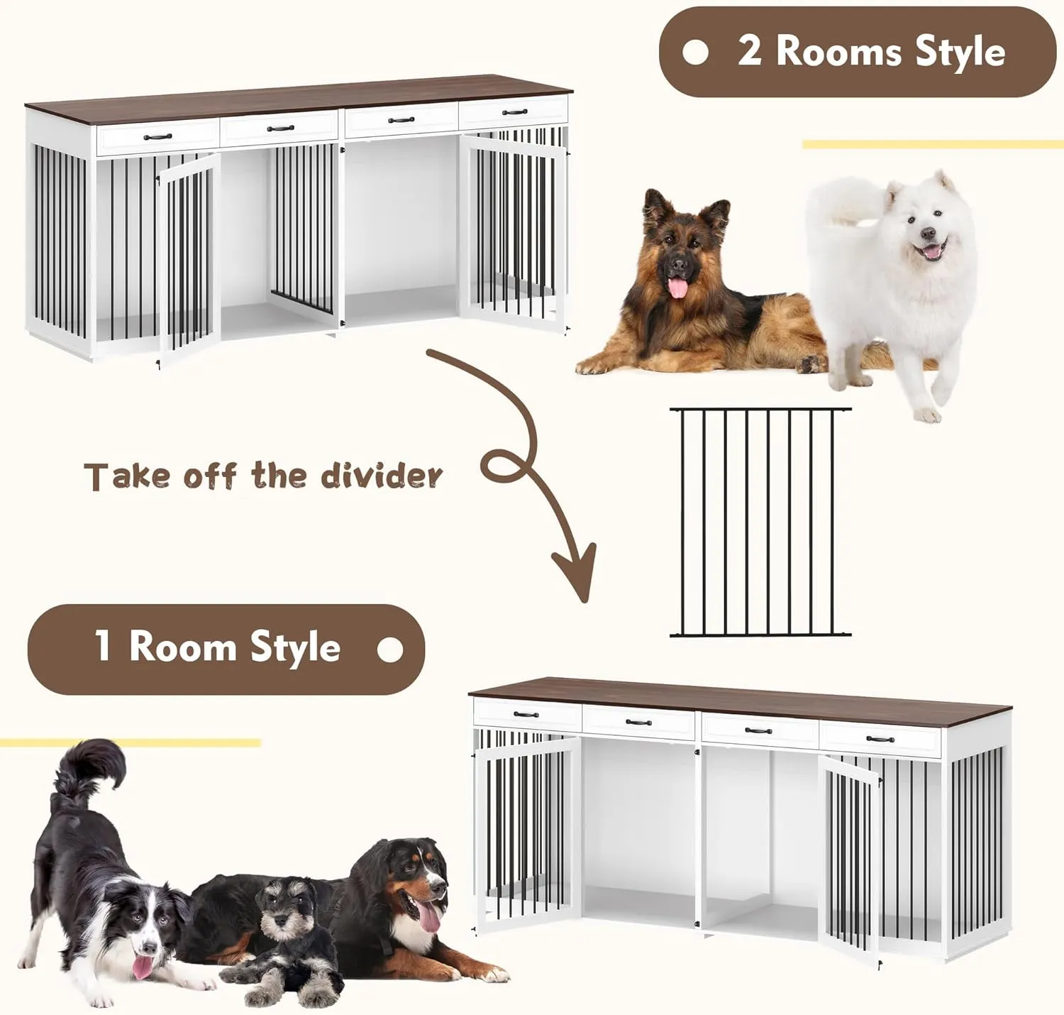 Extra Large Dog Crate with Double Rooms, 93" Heavy Duty Wooden Dog Cage Furniture Dog Crate Kennel w/Drawers & Removable Divider,Indoor Luxury Dog House for Large Dogs,White