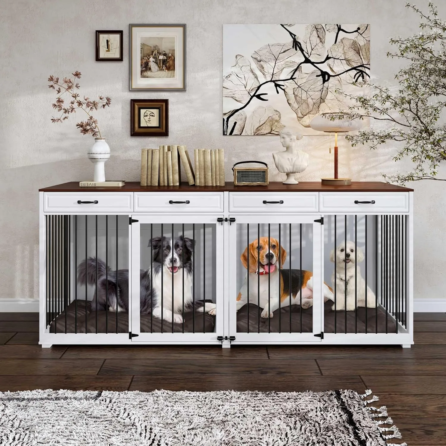 Extra Large Dog Crate with Double Rooms, 93" Heavy Duty Wooden Dog Cage Furniture Dog Crate Kennel w/Drawers & Removable Divider,Indoor Luxury Dog House for Large Dogs,White