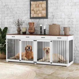 Extra Large Dog Crate with Double Rooms, 93" Heavy Duty Wooden Dog Cage Furniture Dog Crate Kennel w/Drawers & Removable Divider,Indoor Luxury Dog House for Large Dogs,White