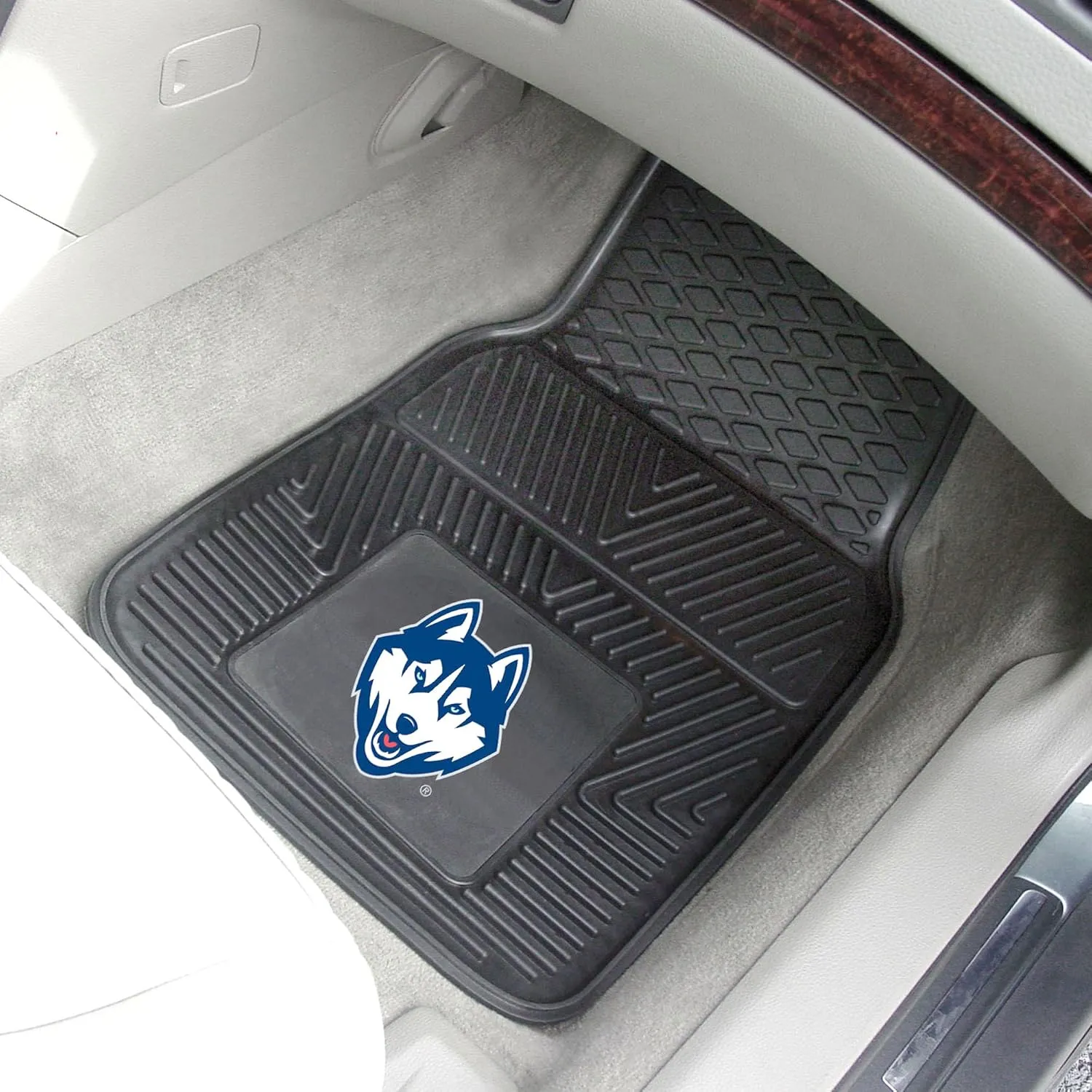 FANMATS 13263 UConn Huskies 2-Piece Heavy Duty Vinyl Car Mat Set, Front Row Floor Mats, All Weather Protection, Universal Fit, Deep Resevoir Design