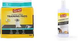 Glad for Pets Puppy Training Essentials: 17.5"x23.5" Charcoal Activated Carbon Pads (120 Count) & 16oz Peanut Butter Scent Attractant Spray for Effective Indoor/Outdoor Training