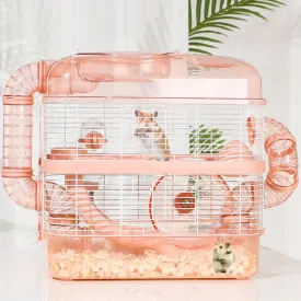 Hamster cage Small Animal breeding cage Acrylic Transparent Design Hamster House Assembly Non-Slip Breathable Large Transparent cage Cute Luxury Set Easy to Carry 2-Layer SetPink