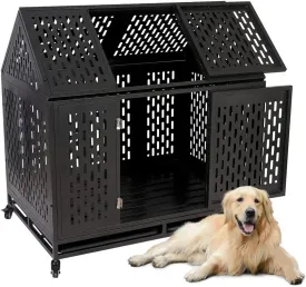 Heavy Duty Dog Cage Crate Kennel Playpen Large Strong Metal for Large Dogs and Pets, Easy to Assemble with Patent Lock and Four Lockable Wheels, 45''/ Black