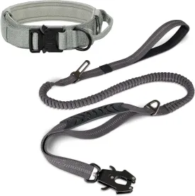Joytale Tactical Dog Collar(17"-21") and Dog Leash Set, Shock Absorbing Bungee Dog Leash and Adjustable Strong Dog Collar with Handle for Large Dogs(Red,L)