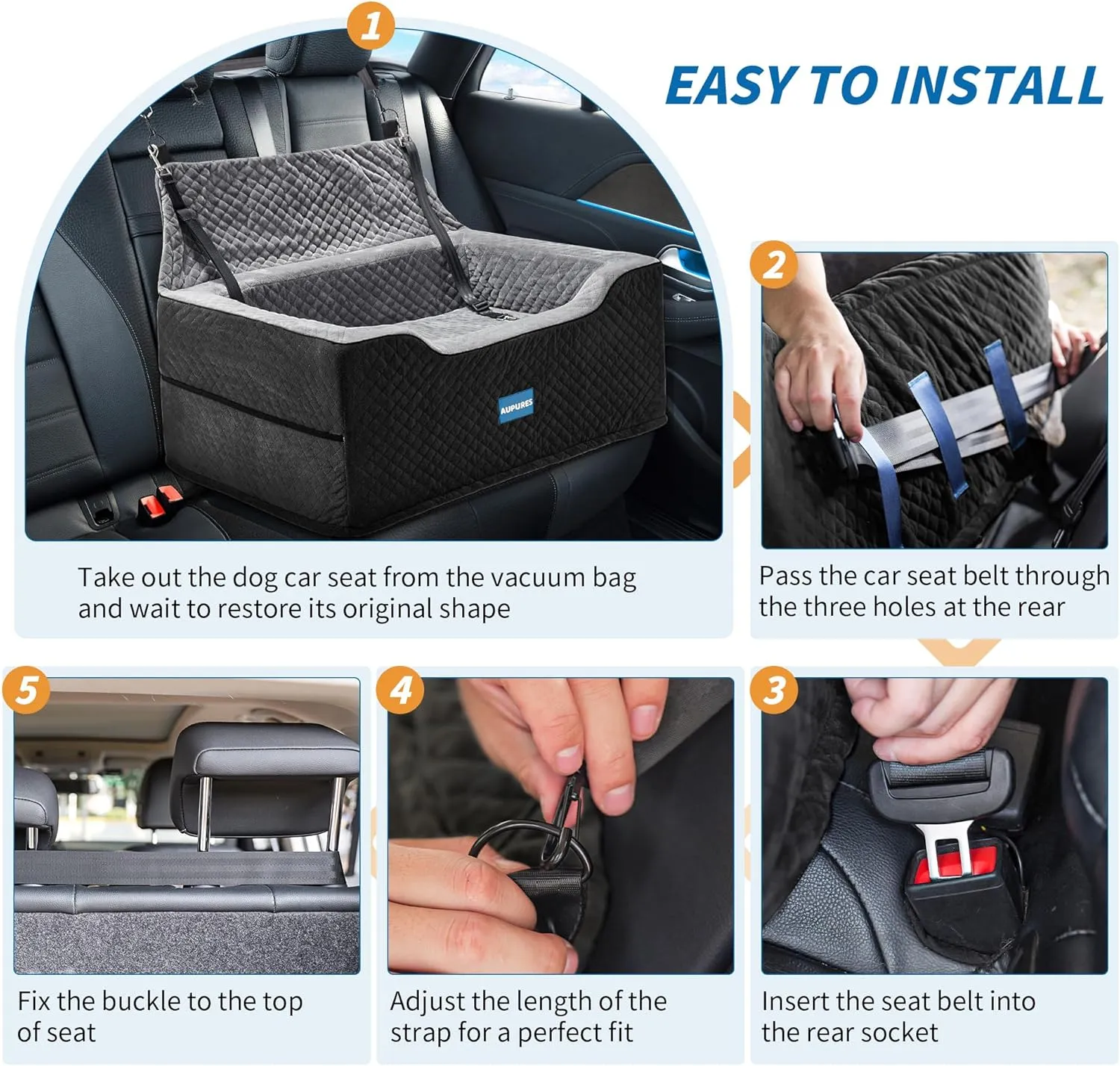 Large/Med Dog Car Seat - 2-in-1 for 2 Small Dogs, Up to 55 lbs Only, Black/Gray Fabric