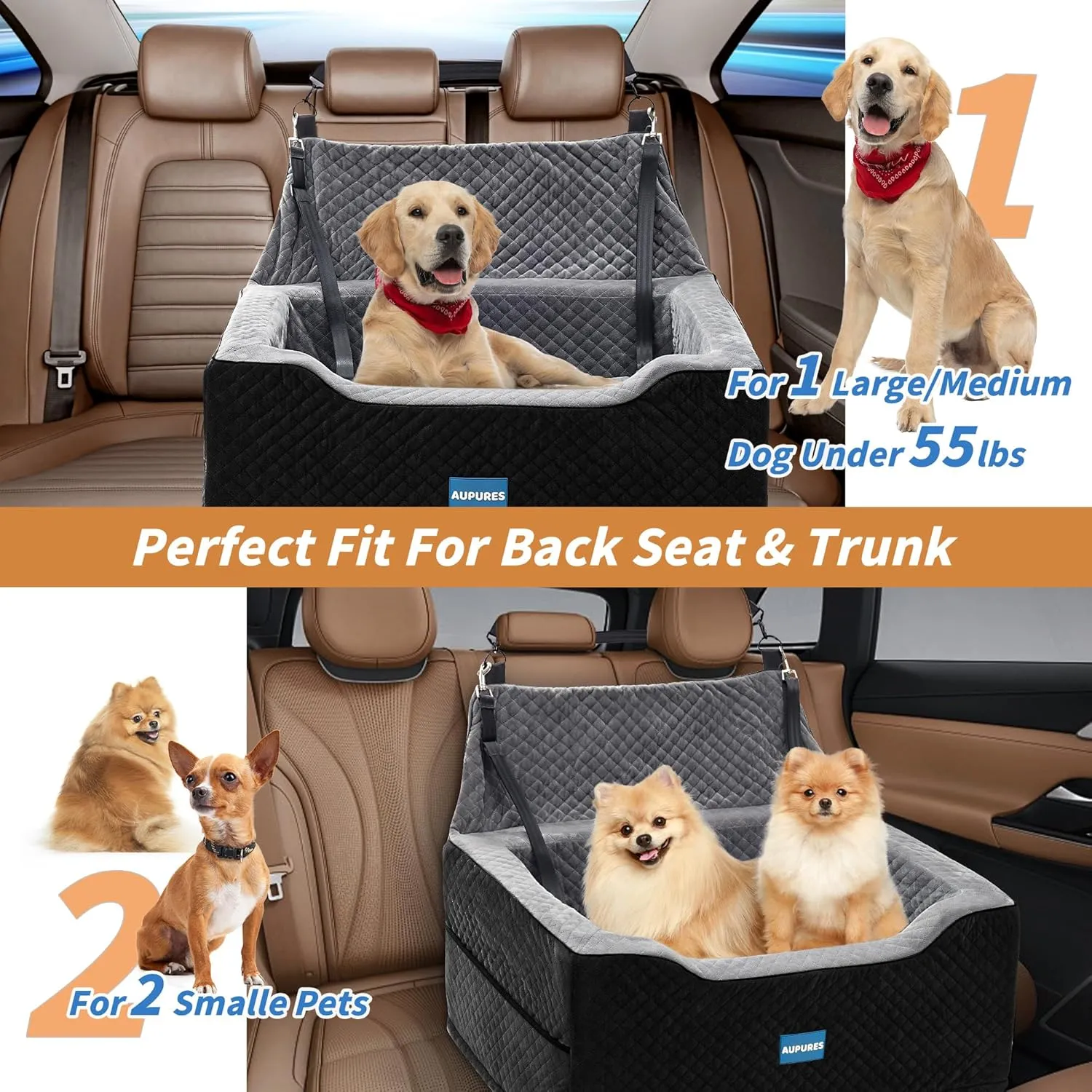 Large/Med Dog Car Seat - 2-in-1 for 2 Small Dogs, Up to 55 lbs Only, Black/Gray Fabric