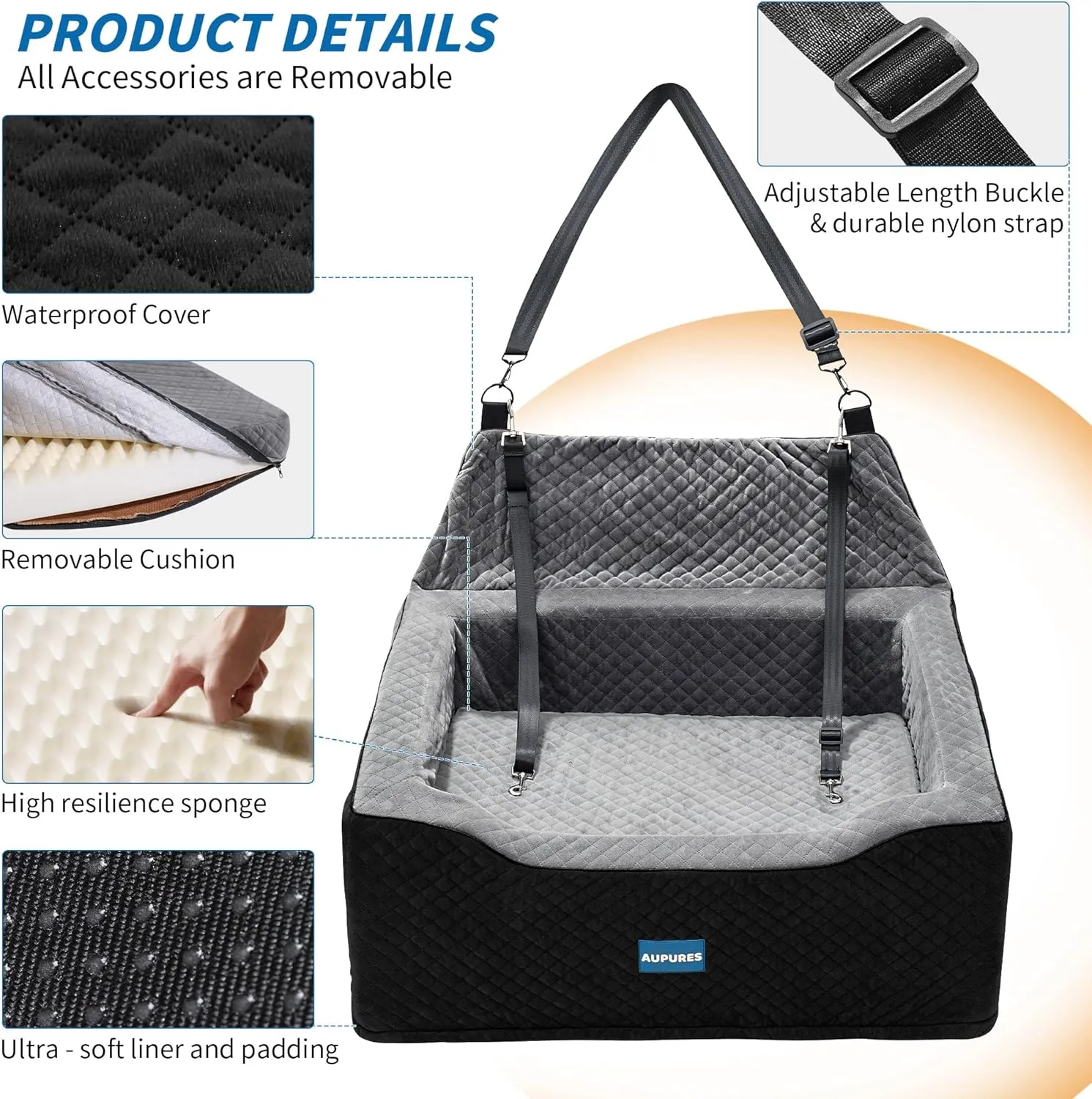 Large/Med Dog Car Seat - 2-in-1 for 2 Small Dogs, Up to 55 lbs Only, Black/Gray Fabric
