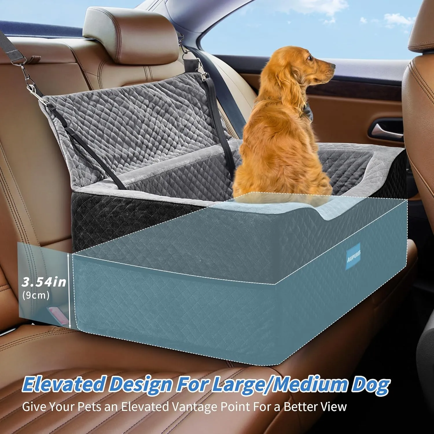 Large/Med Dog Car Seat - 2-in-1 for 2 Small Dogs, Up to 55 lbs Only, Black/Gray Fabric