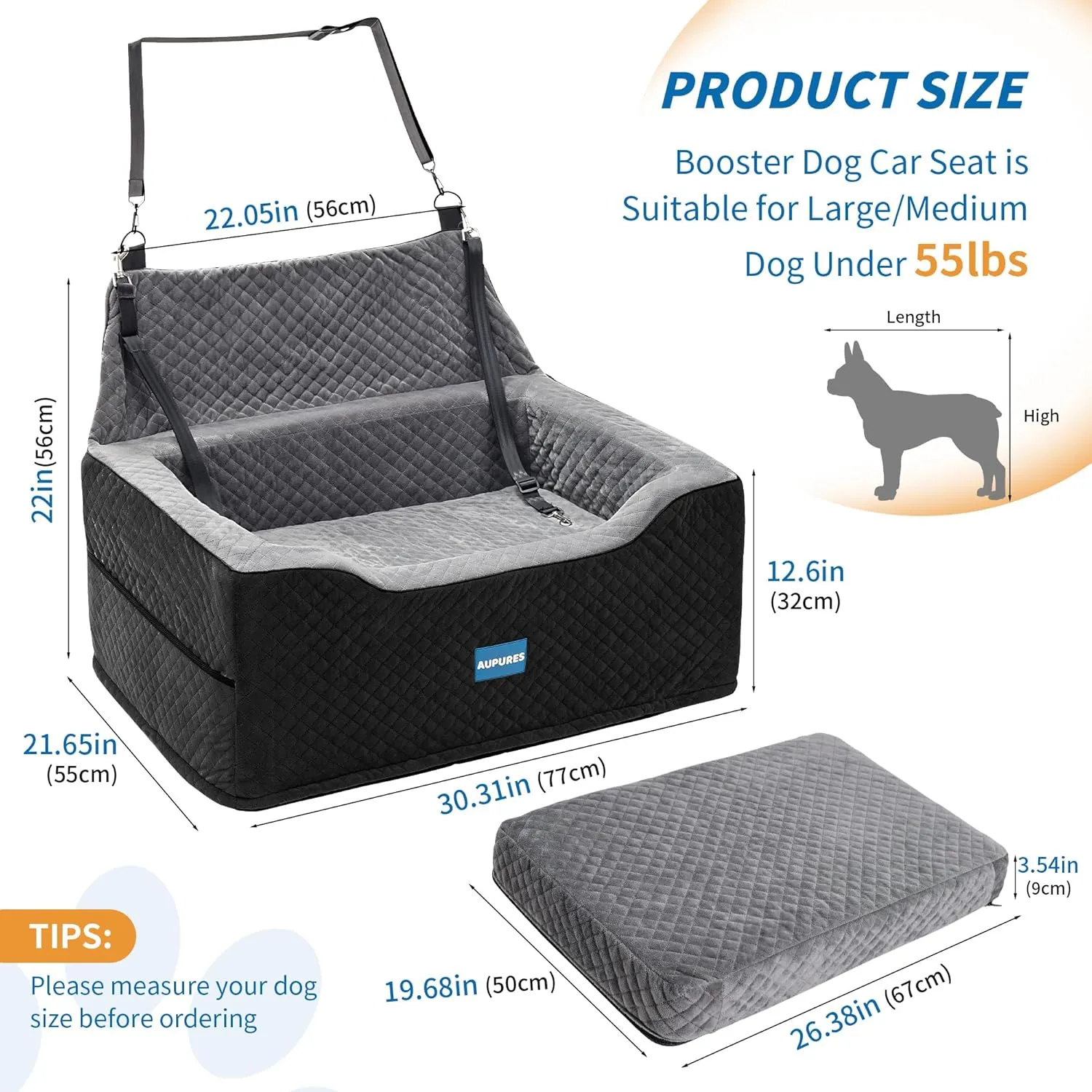 Large/Med Dog Car Seat - 2-in-1 for 2 Small Dogs, Up to 55 lbs Only, Black/Gray Fabric