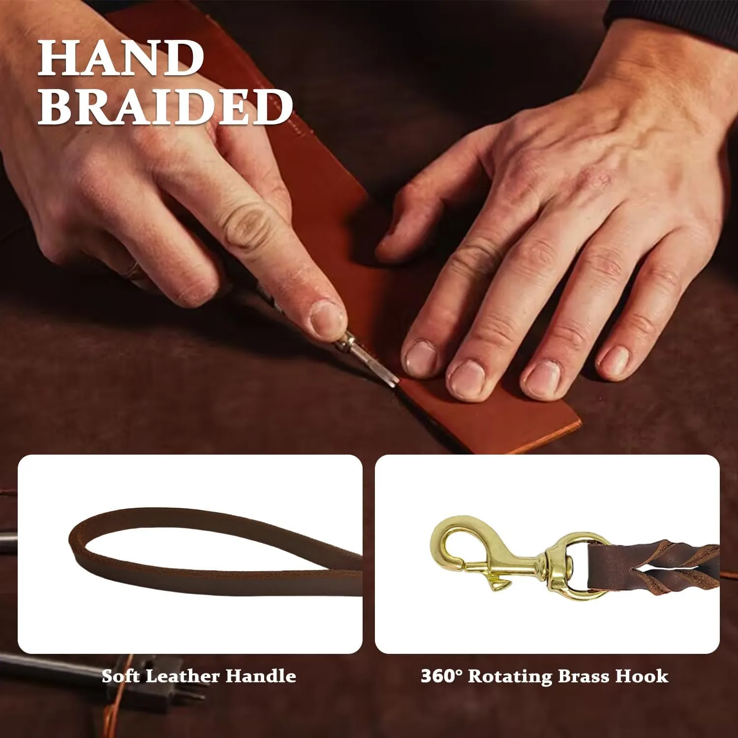 Leather Dog Leash 6ft x 1/2'', Heavy Duty Braided Dog Leashes with Rotating Clasp, Genuine Handmade Leather Dog Training Leash for Small Medium Dogs
