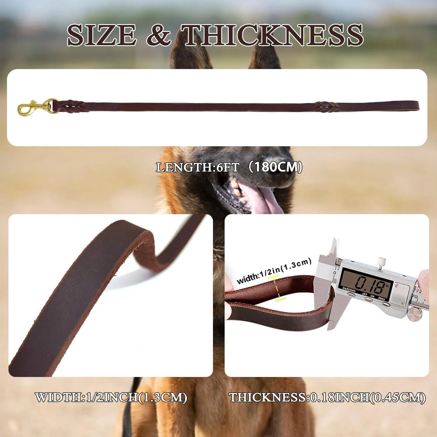 Leather Dog Leash 6ft x 1/2'', Heavy Duty Braided Dog Leashes with Rotating Clasp, Genuine Handmade Leather Dog Training Leash for Small Medium Dogs