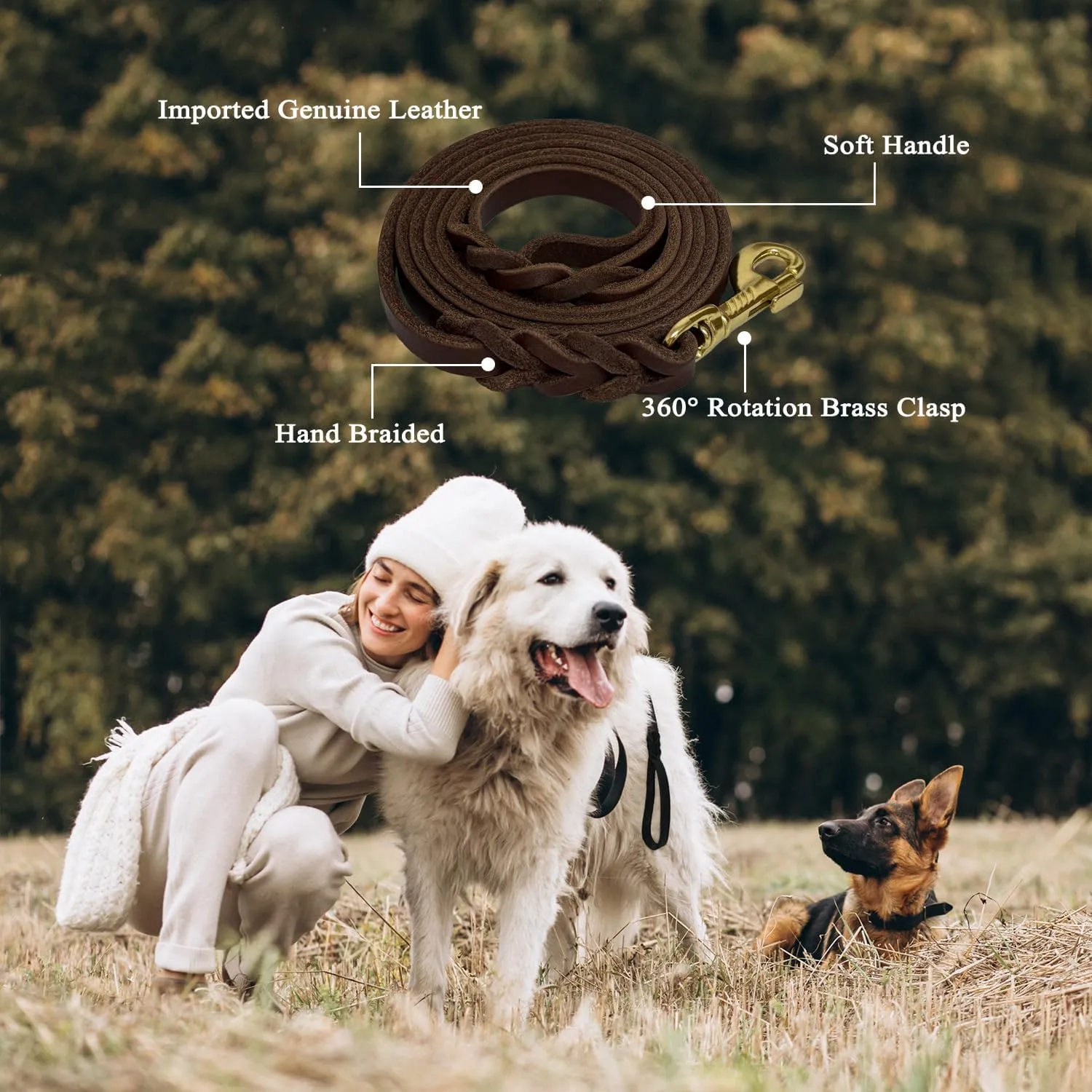 Leather Dog Leash 6ft x 1/2'', Heavy Duty Braided Dog Leashes with Rotating Clasp, Genuine Handmade Leather Dog Training Leash for Small Medium Dogs