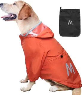 MAMORE Dog Raincoat - Waterproof Jacket with Leash Hole, Lightweight Reflective Coat with Hood for Small & Medium Dogs (Large, Orange)