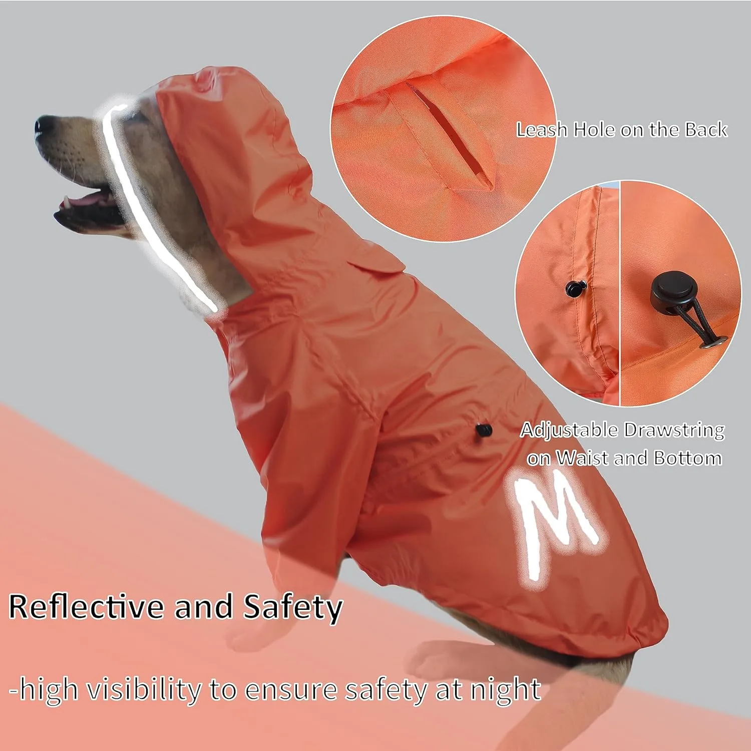 MAMORE Dog Raincoat - Waterproof Jacket with Leash Hole, Lightweight Reflective Coat with Hood for Small & Medium Dogs (Large, Orange)