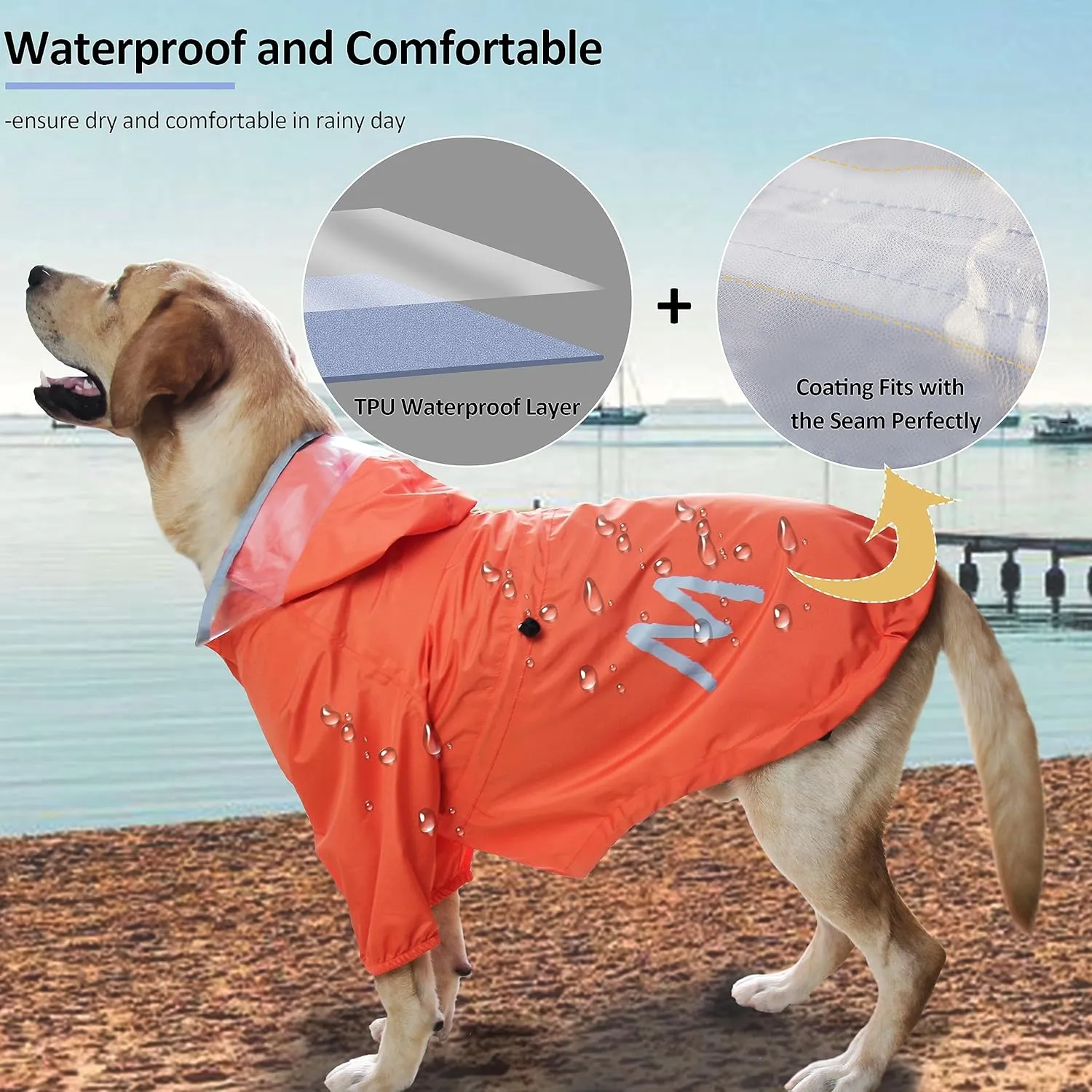 MAMORE Dog Raincoat - Waterproof Jacket with Leash Hole, Lightweight Reflective Coat with Hood for Small & Medium Dogs (Large, Orange)