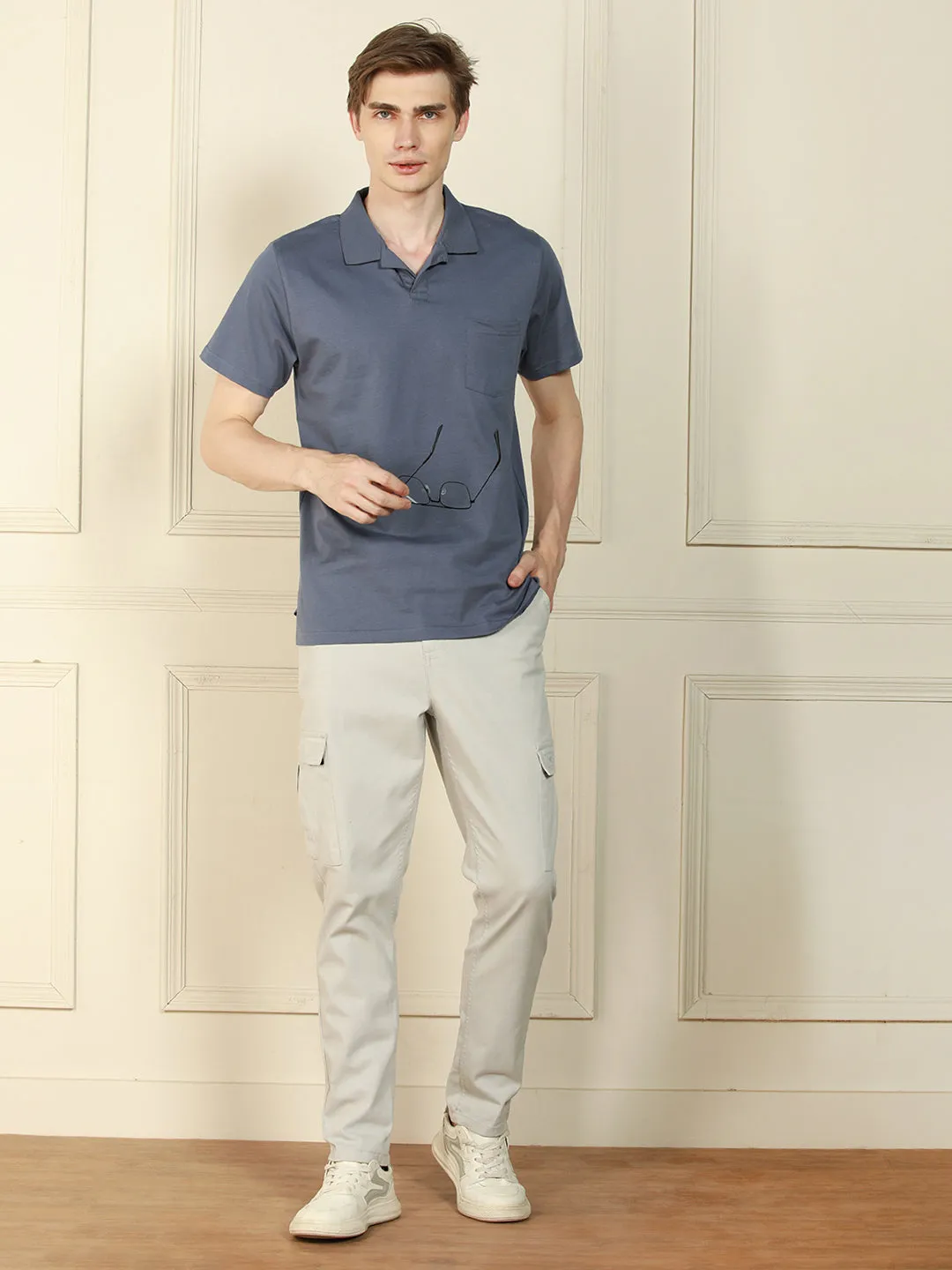 Men's Grey Polo Collar Solid Cotton T-Shirt