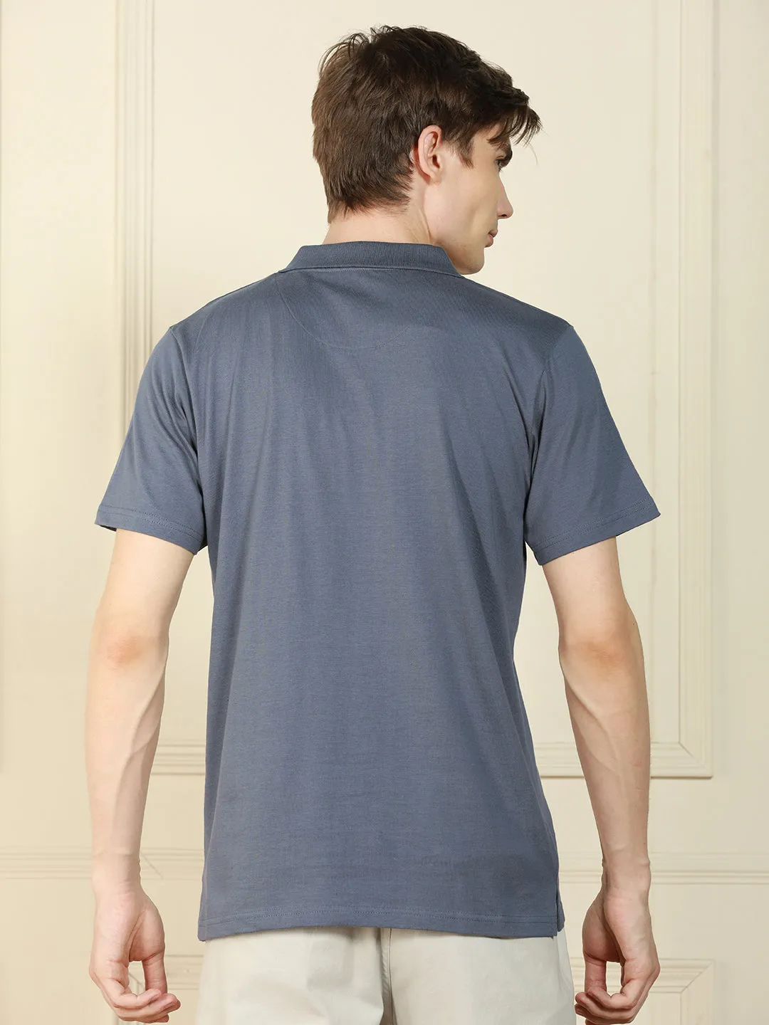 Men's Grey Polo Collar Solid Cotton T-Shirt