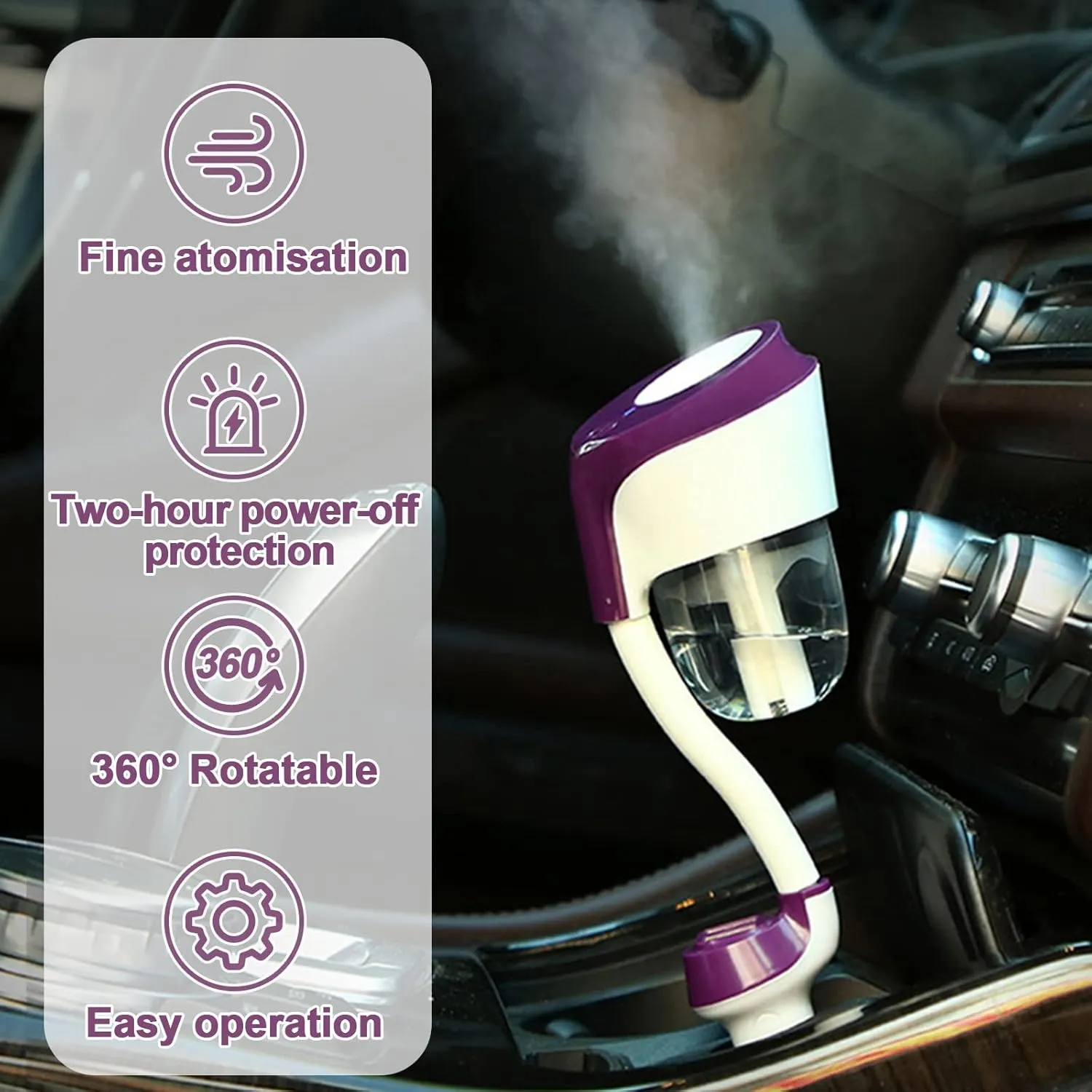 MIGHTYDUTY Mini Car Diffuser Humidifier for Essential Oils, Dual USB Charger Adapter, Purple